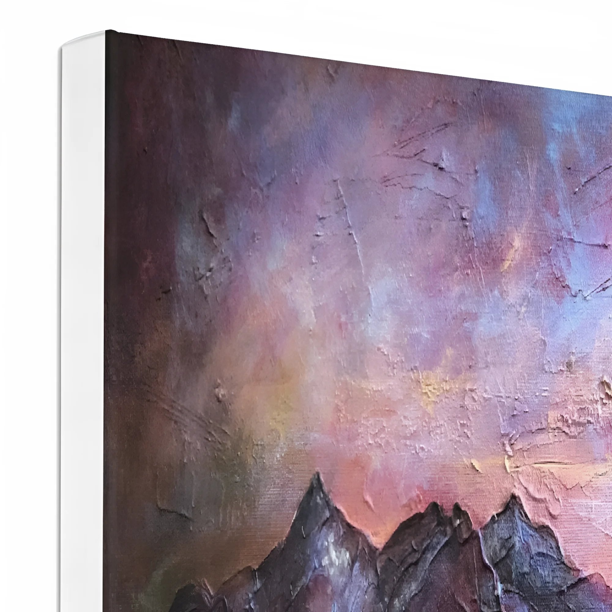 Textured canvas painting of mountains under a vibrant colorful sky in the Last Skye Light Canvas