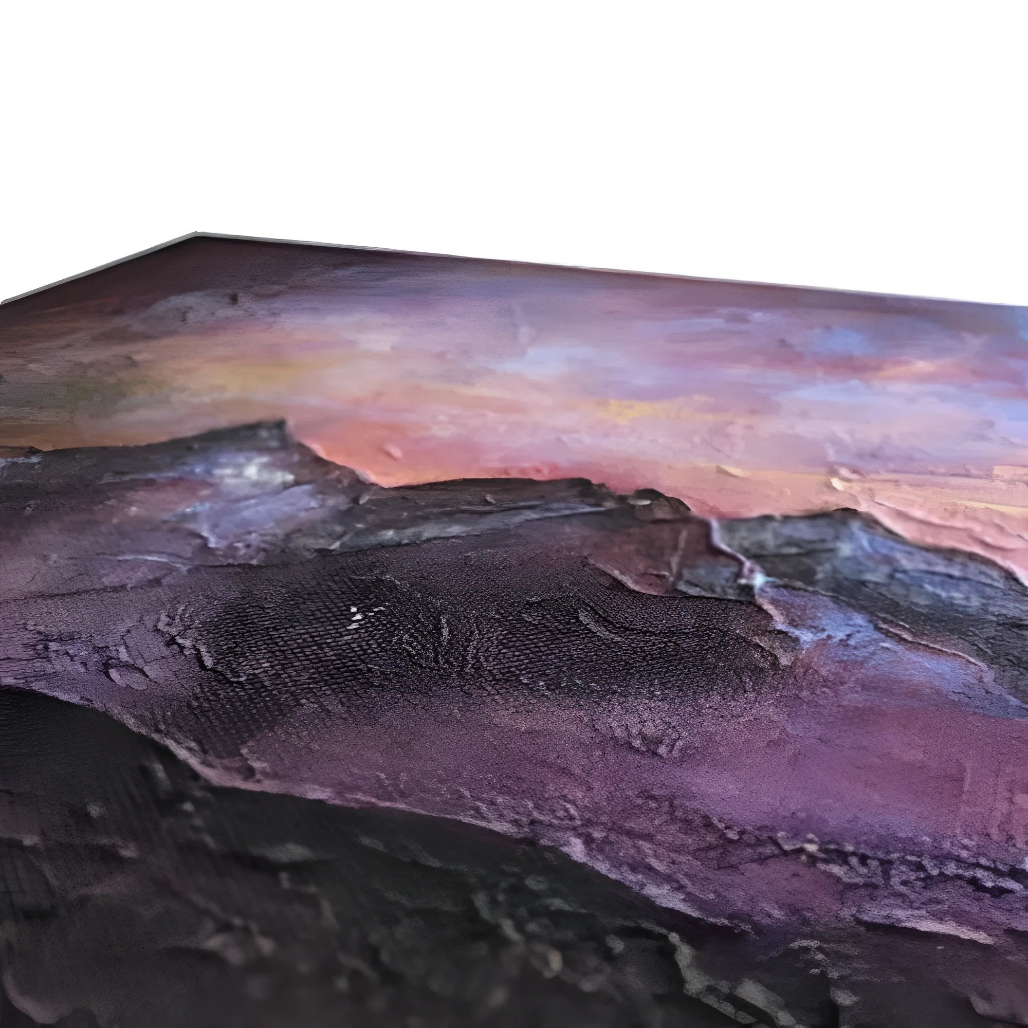 Textured landscape painting with vibrant sunset sky on Last Skye Light Canvas