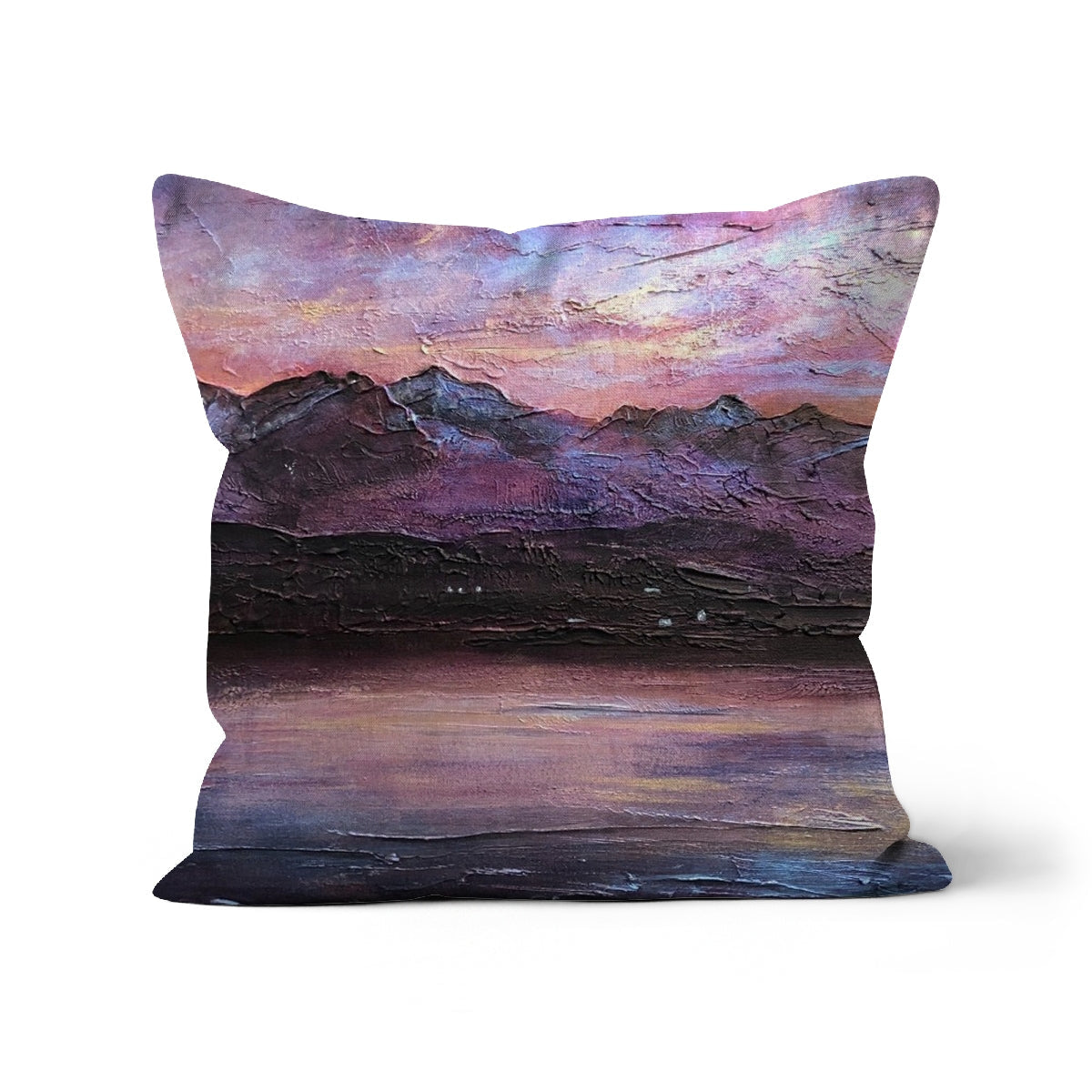 Decorative throw pillow with impressionistic Mountain and Lake Sunset landscape design