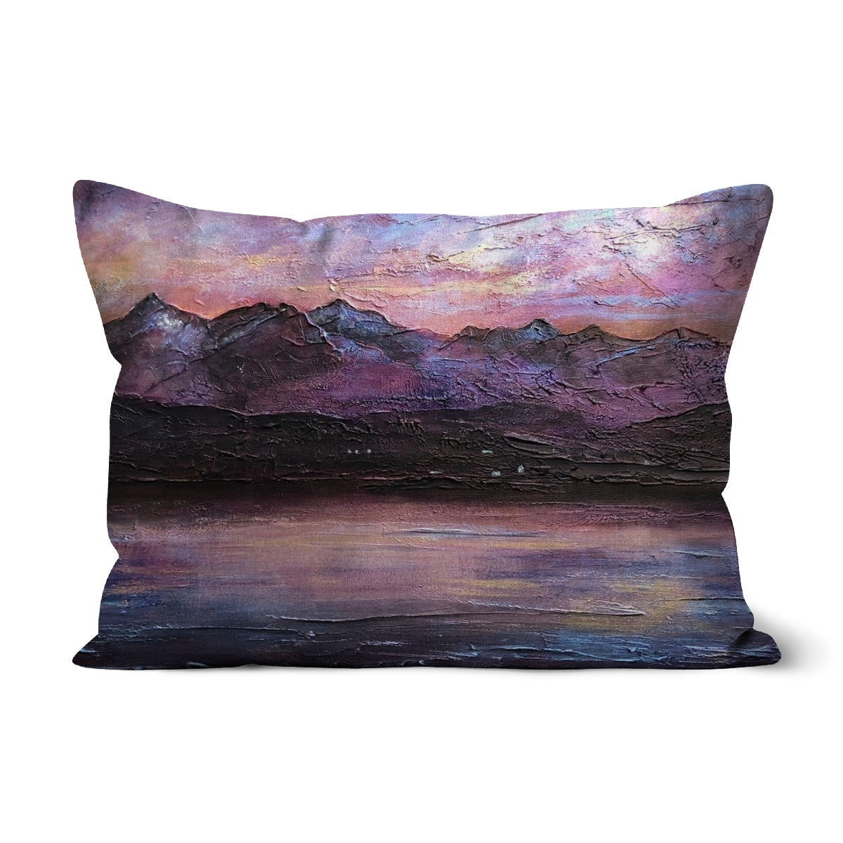 Rectangular throw pillow featuring impressionistic mountain and lake sunset landscape artwork