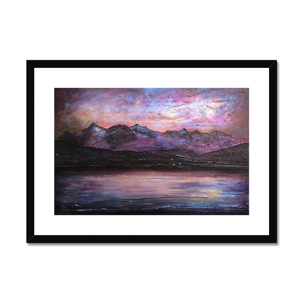 Framed textured painting of a sunset over mountains and reflective lake for Last Skye Light print