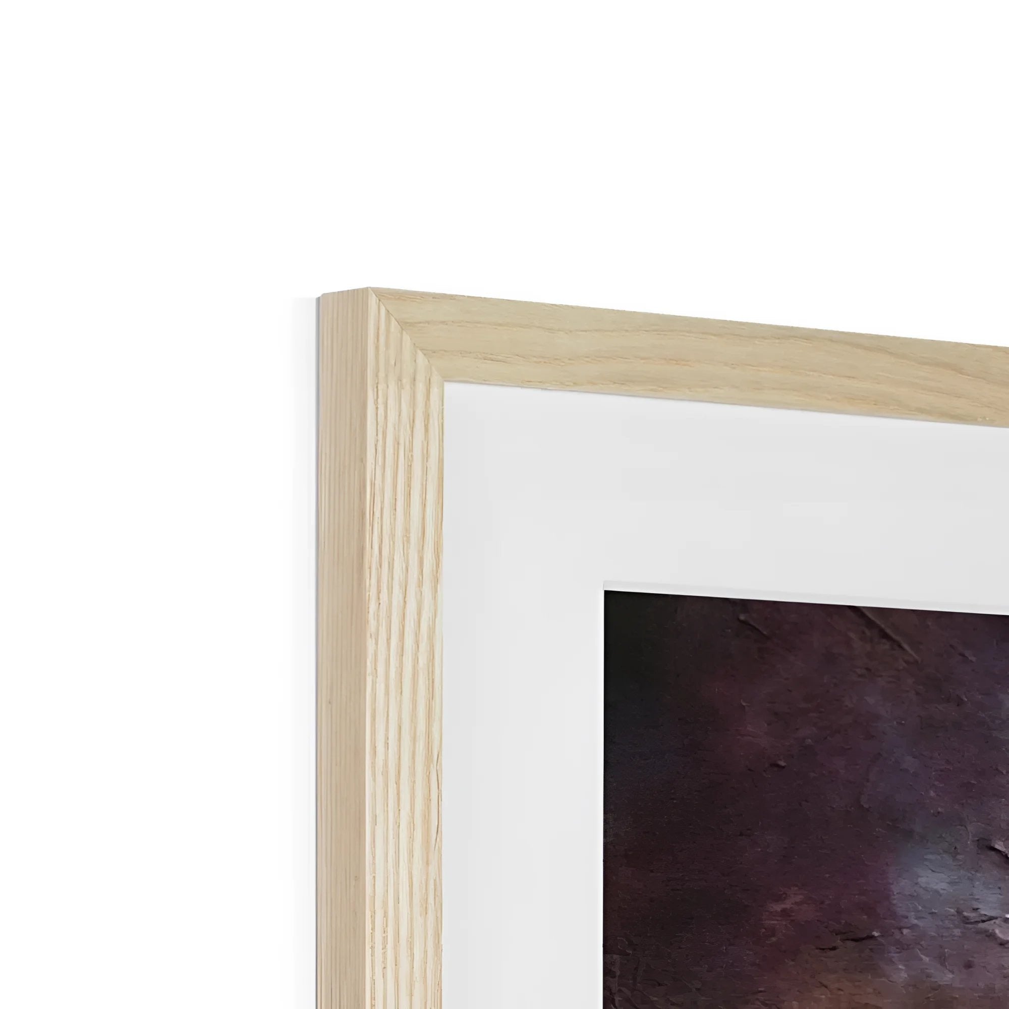 Light wood picture frame with white mat framing a dark textured abstract painting for Last Skye print