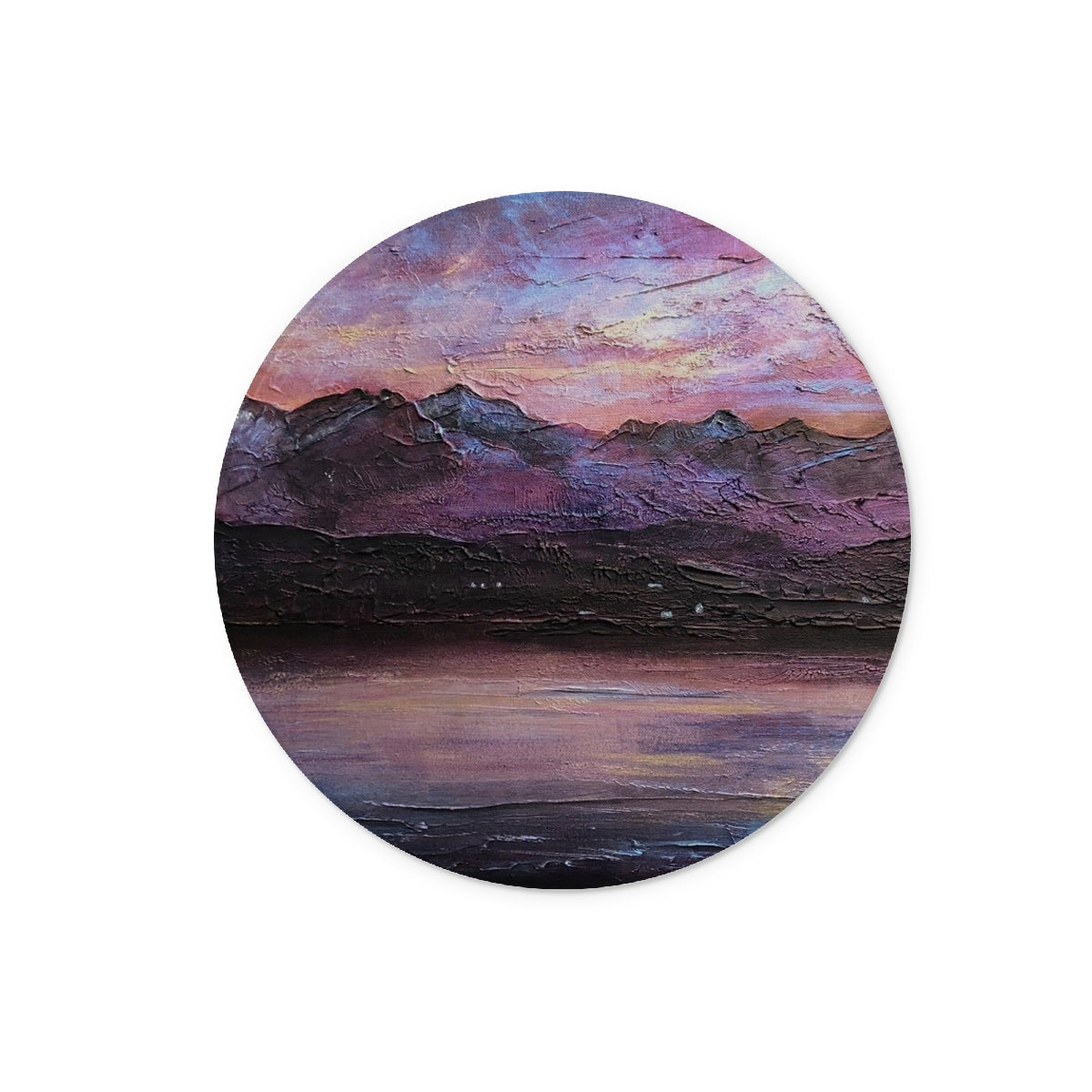 Textured circular painting of Mountain Landscape at Sunset on Last Skye Light Glass Chopping Board