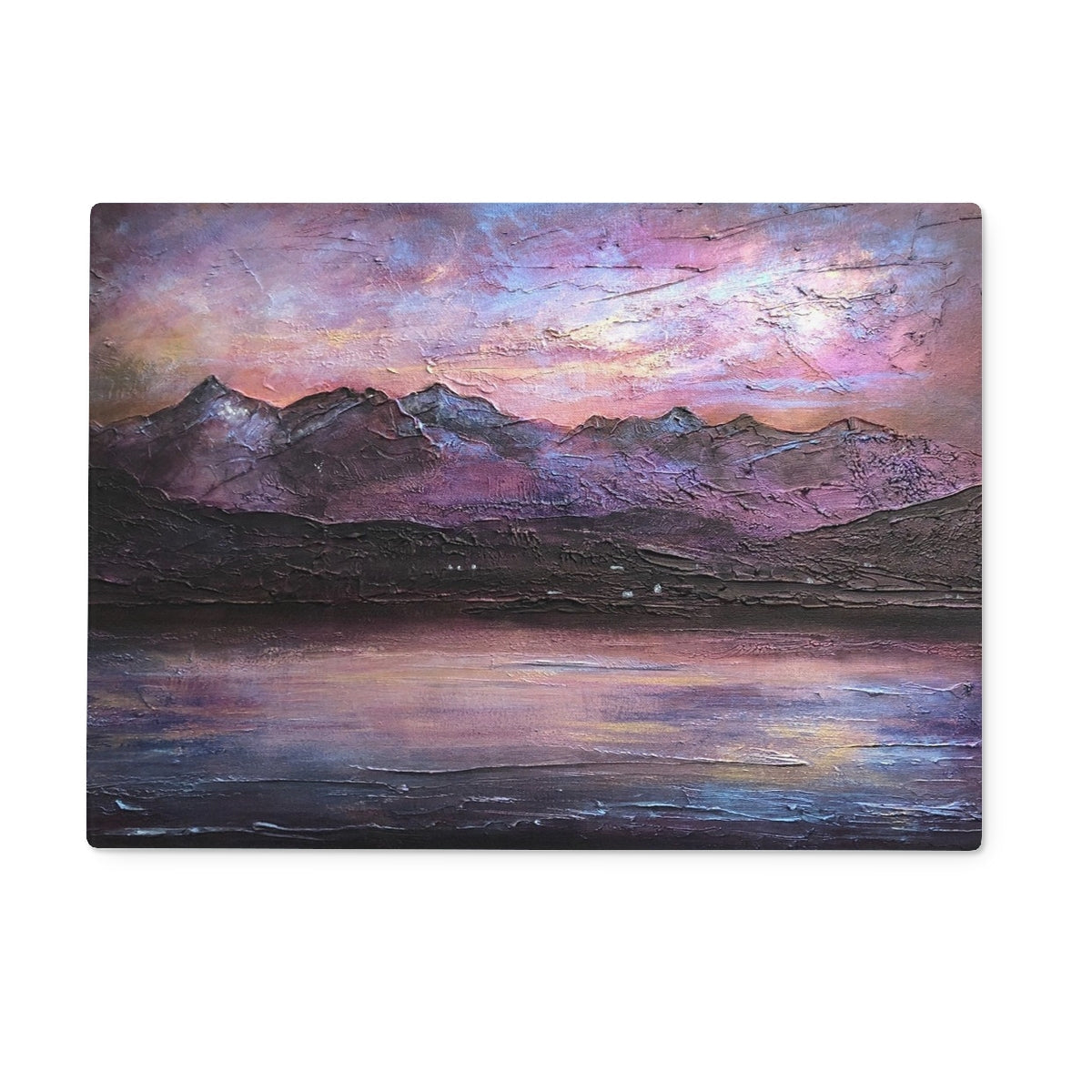 Textured acrylic painting of Mountain Range at Sunset reflected in Lake on Last Skye Light Glass Chopping Board