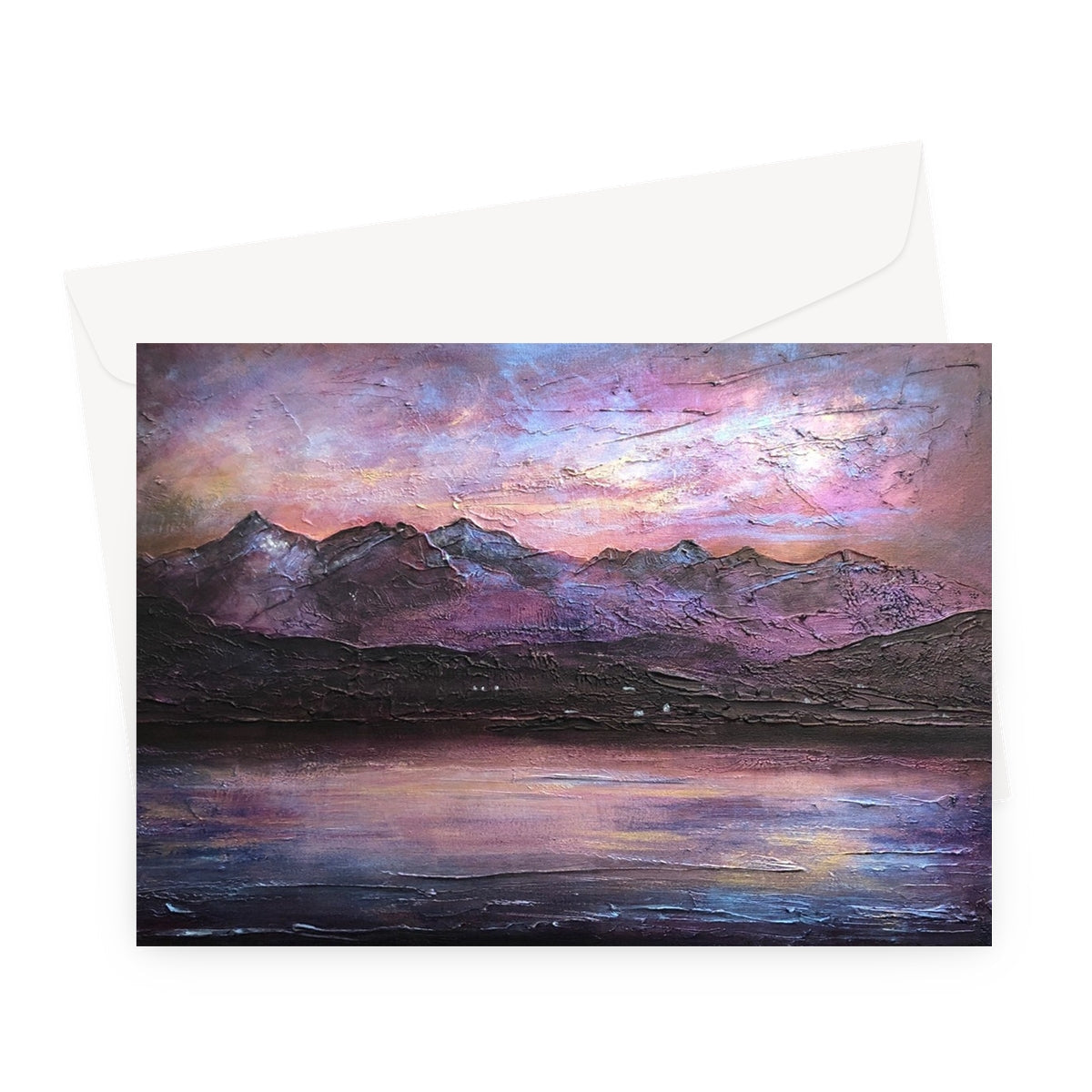 Vibrant textured painting of Mountains and Lake at Sunset on Last Skye Light Greeting Card