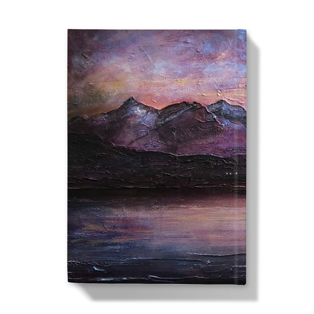 Textured acrylic painting of Mountain Range at Sunset reflecting on Water on Last Skye Light Hardback Journal