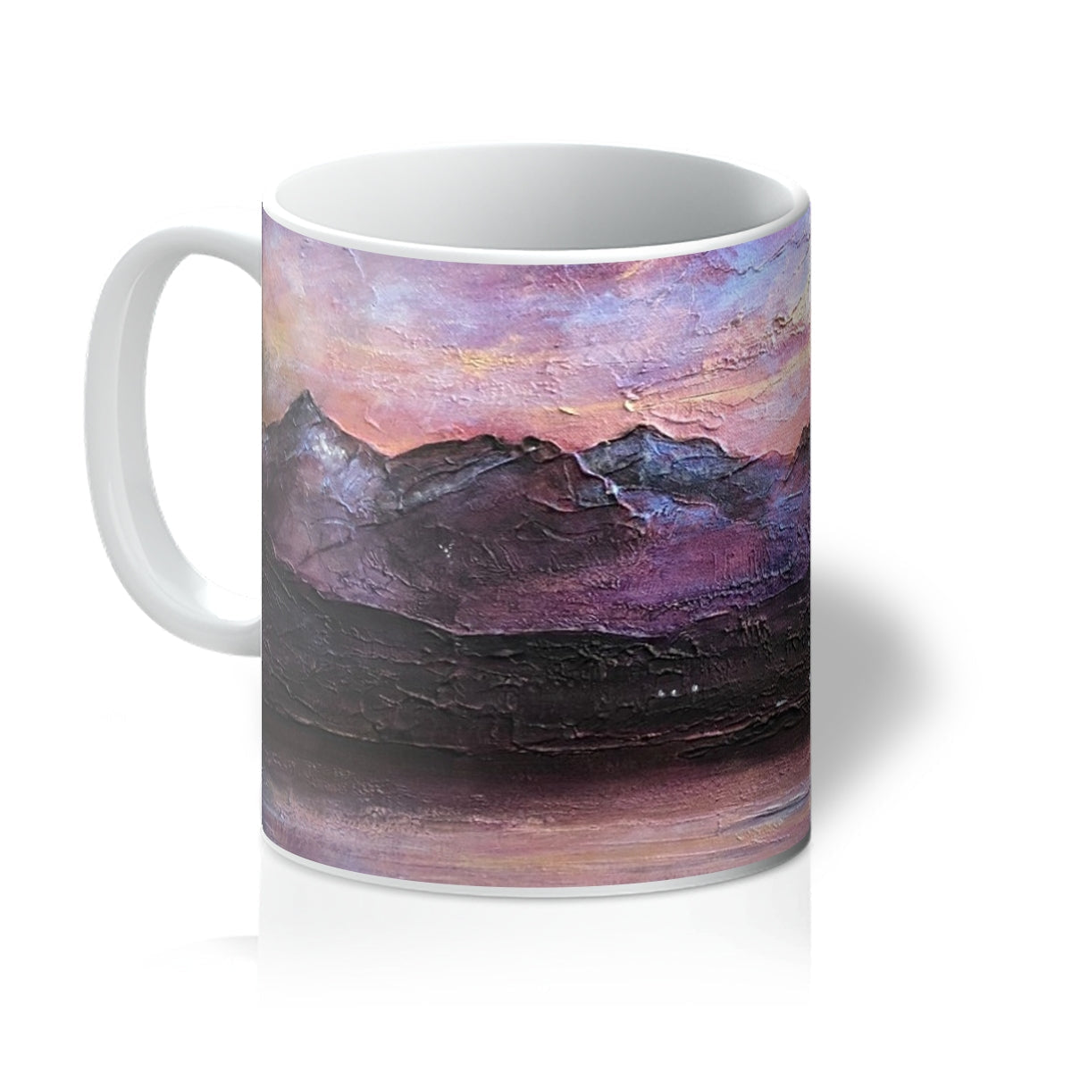 White ceramic Last Skye Light Mug featuring an abstract purple and pink mountain landscape design