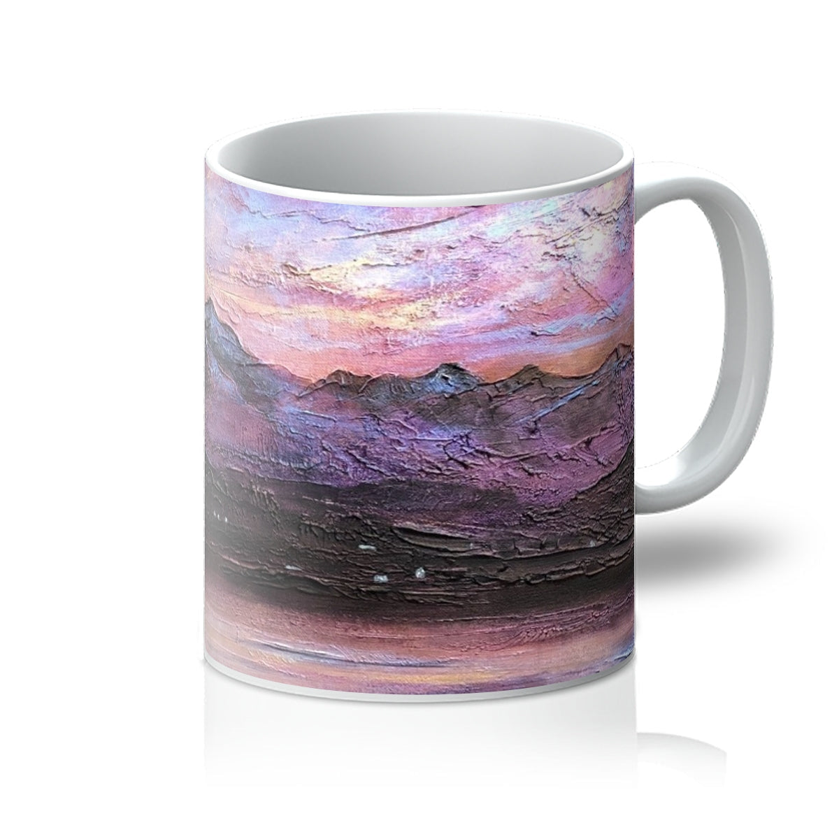 Ceramic Last Skye Light Mug with textured abstract landscape of mountains under pink and purple sky reflected in water