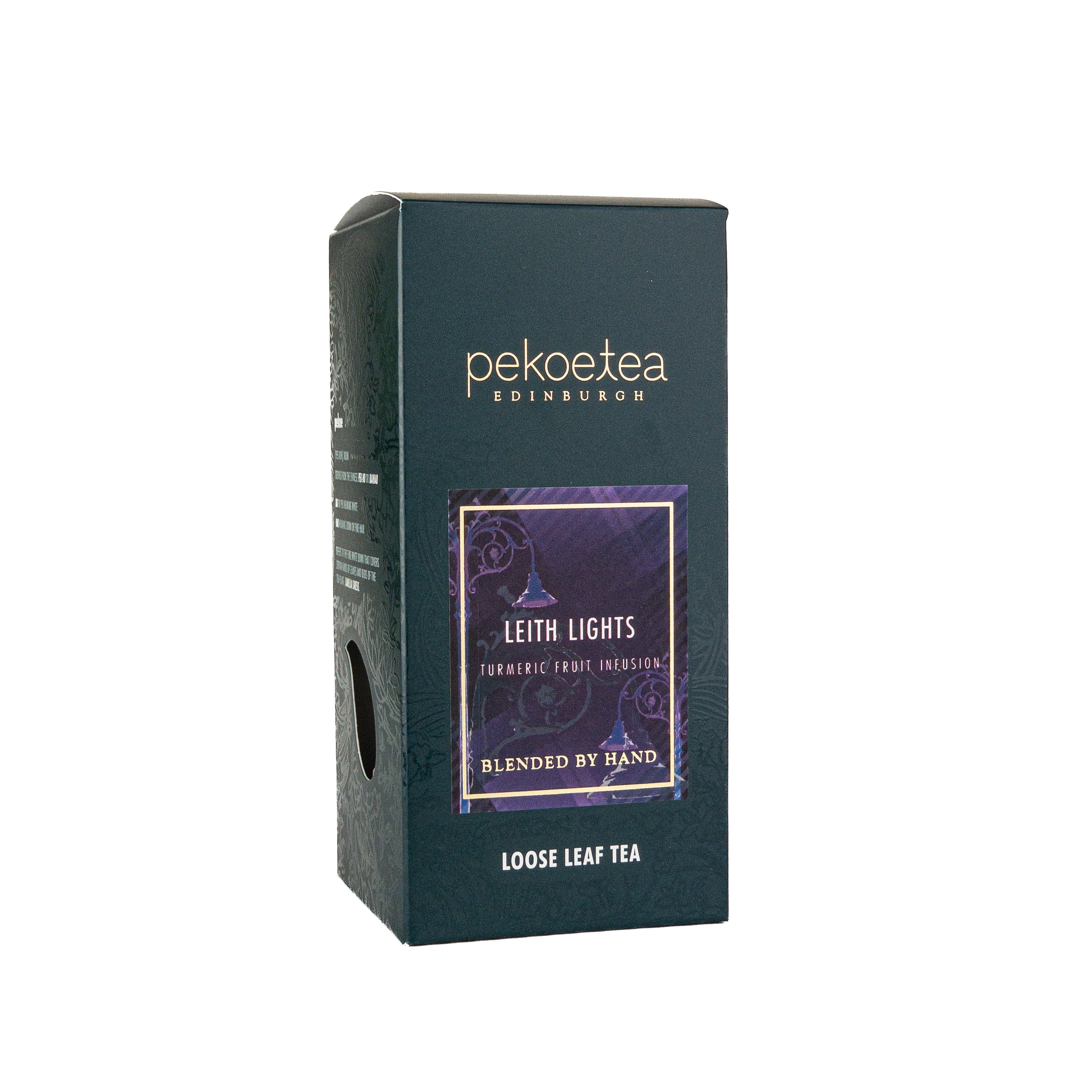 Dark green box of Leith Lights pekoe tea turmeric fruit infusion