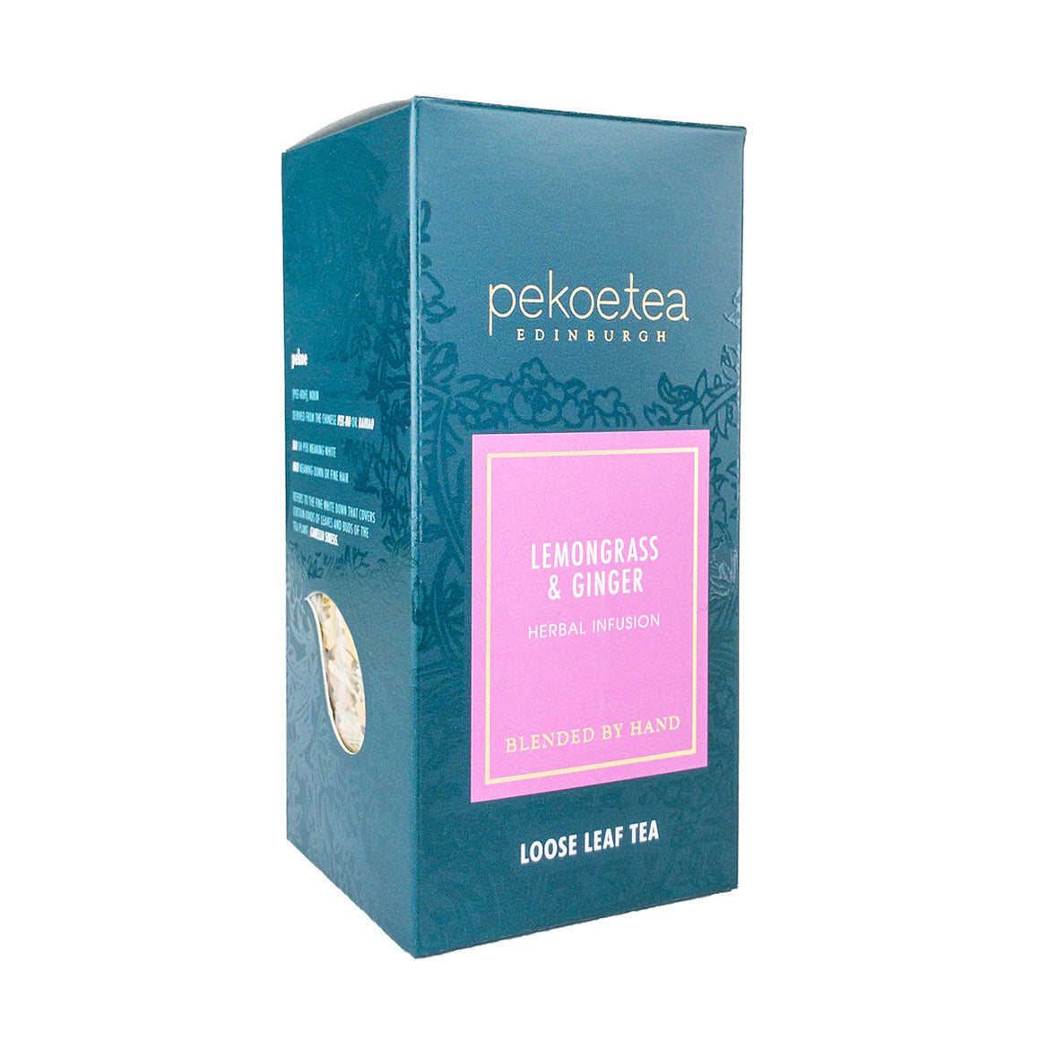 Pekoe Tea Edinburgh Lemongrass and Ginger tea box in teal pink design