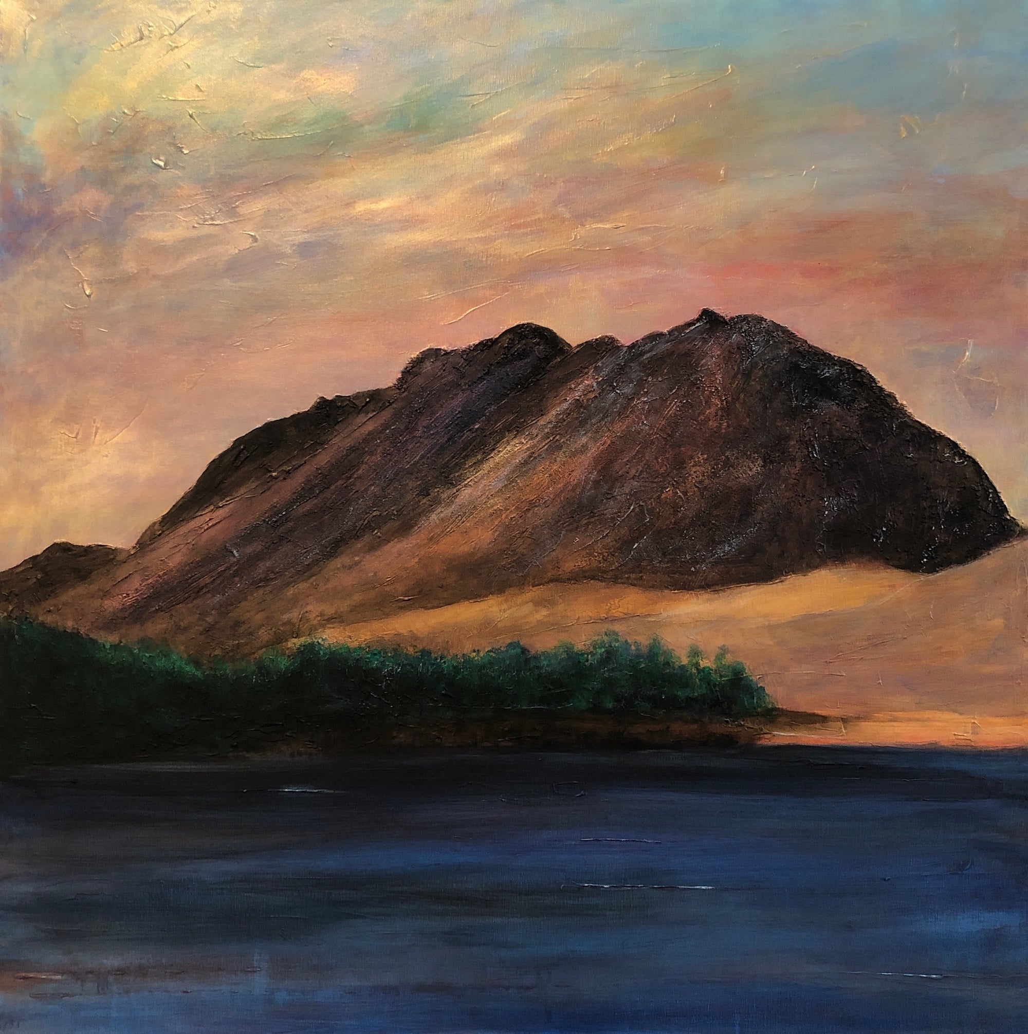 Vibrant oil painting of Liathach Glen Torridon mountain landscape at sunset with water and trees