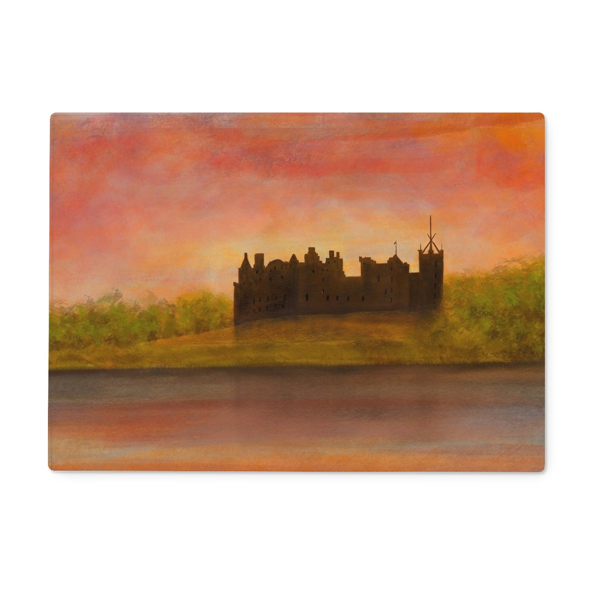Black castle silhouette wall art print on canvas for Linlithgow Palace sunset chopping board