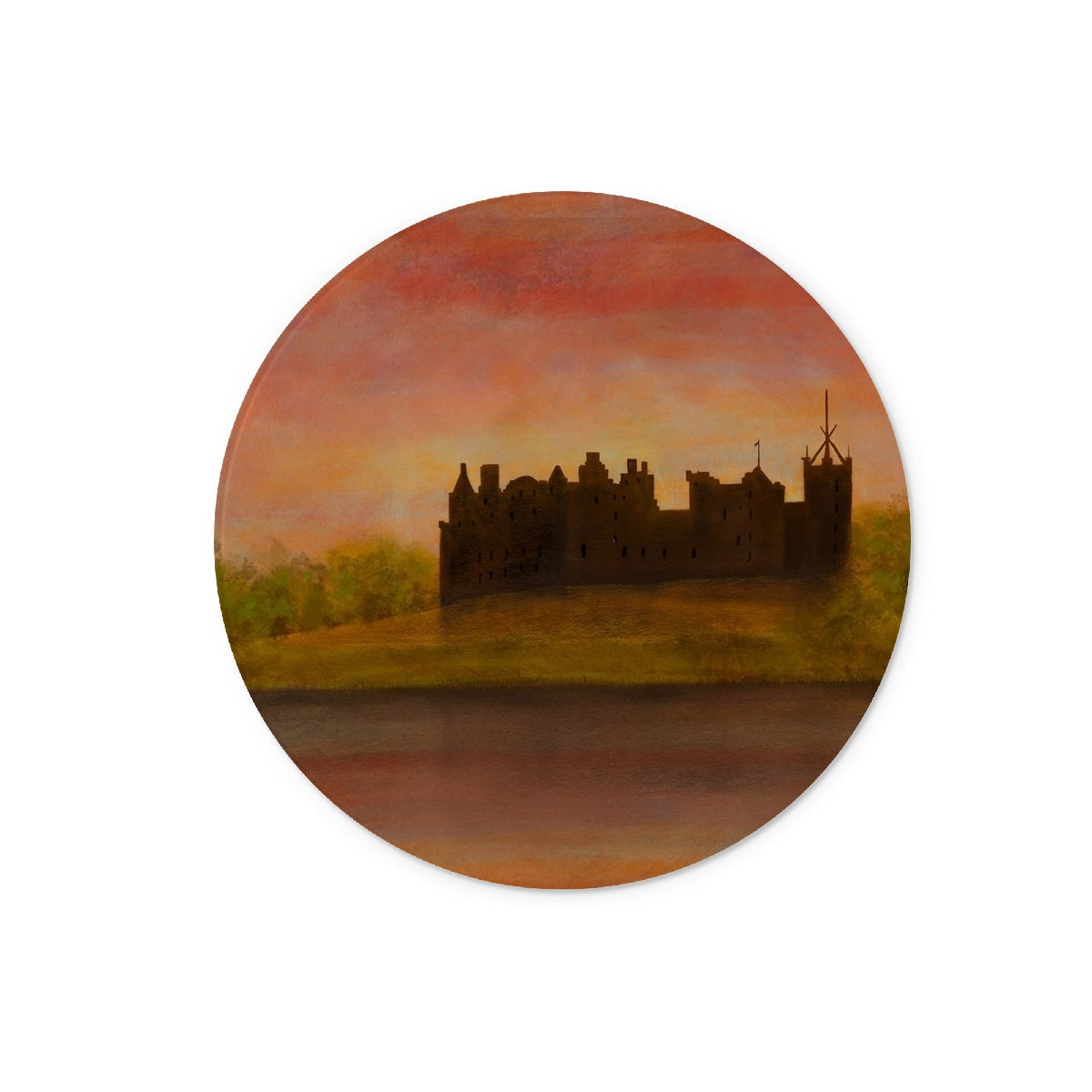 Black castle silhouette sticker on watercolor sunset background chopping board