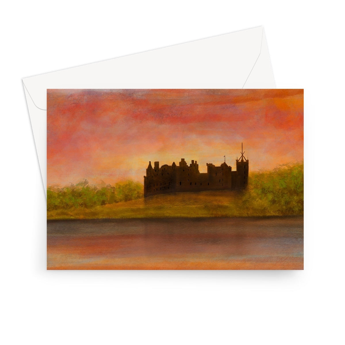 Linlithgow Palace sunset watercolor greeting card with stone silhouette