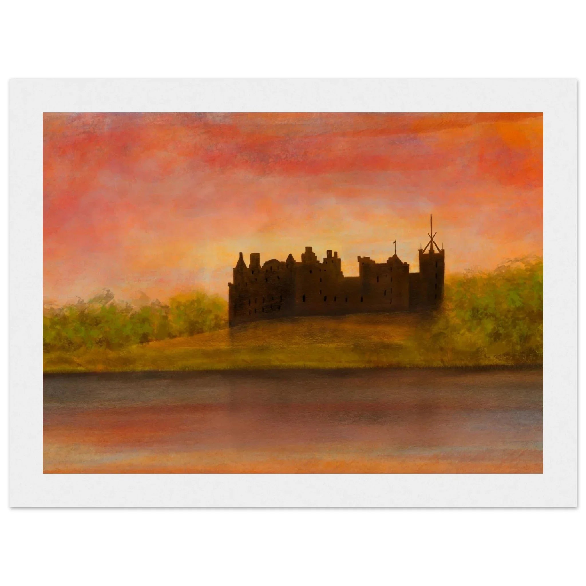 Silhouette of Linlithgow Palace at sunset, Scotland reflection