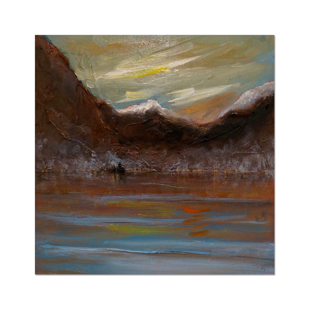 Brown mountain landscape painting with yellow and blue accents, Loch Awe Artist Proof Print