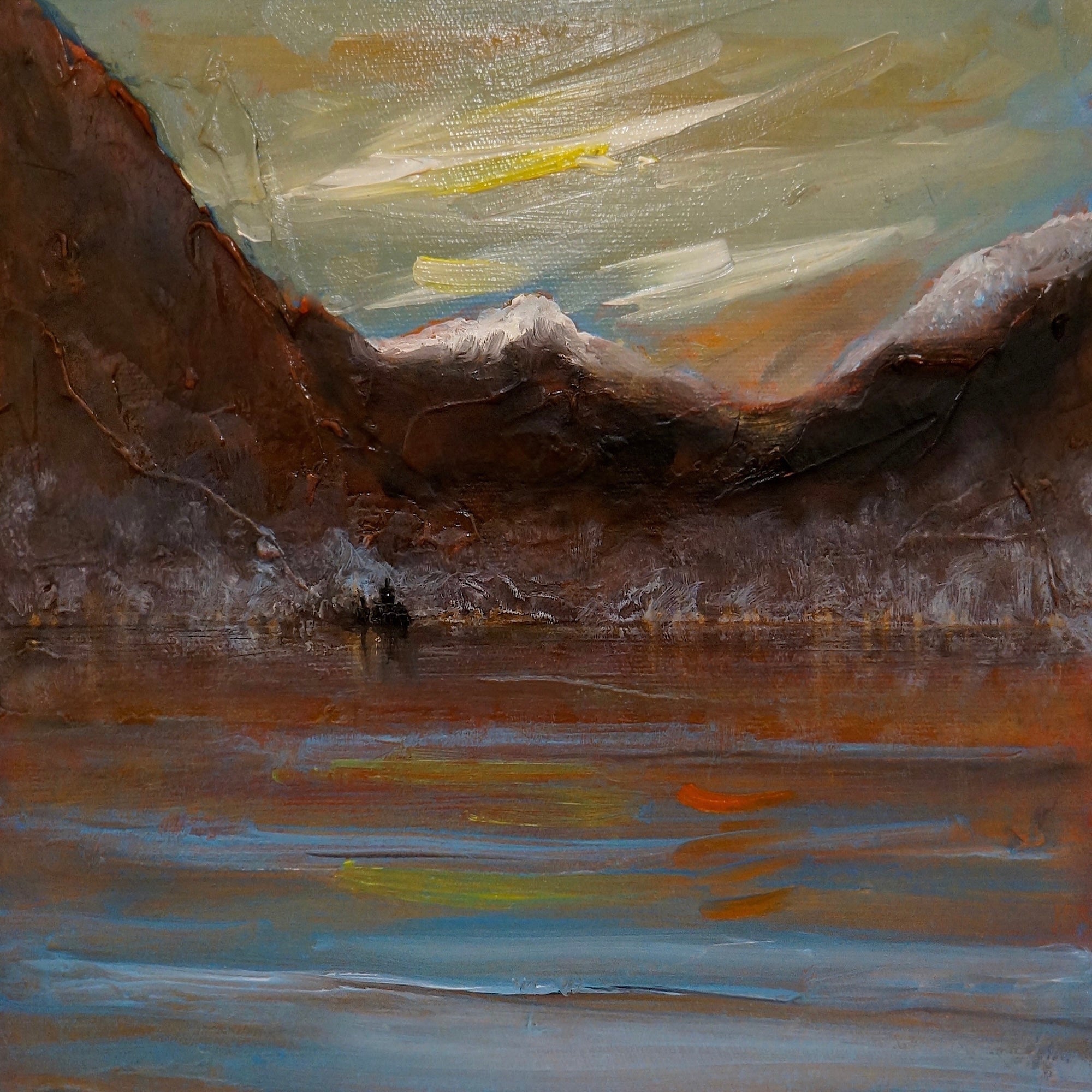 Textured oil painting of Loch Awe mountainous landscape with water and dramatic sky