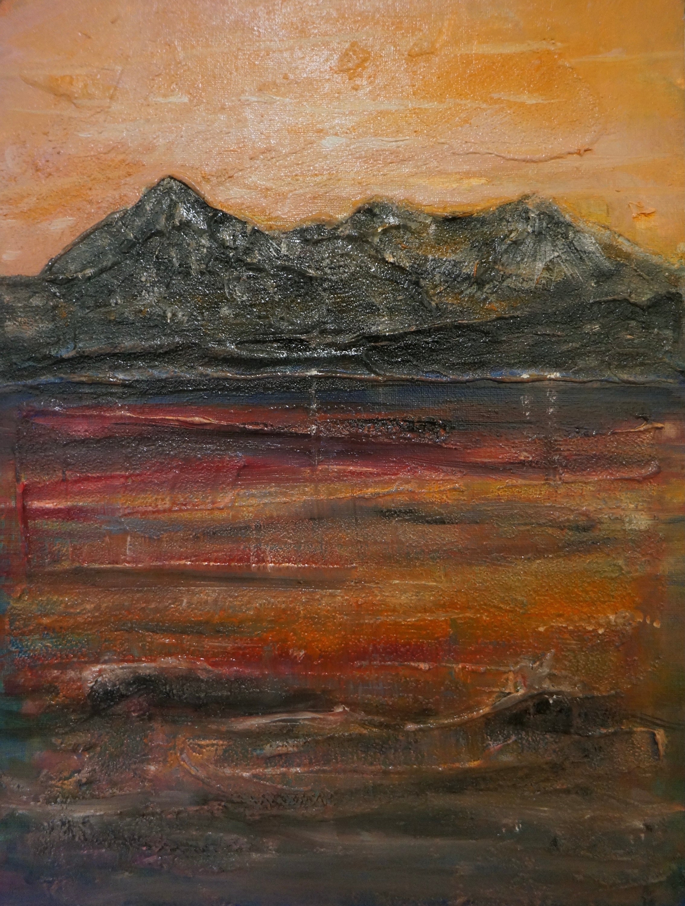 Textured mountain landscape painting of Loch Coruisk at dusk in the Loch Coruisk Dusk Original Painting product