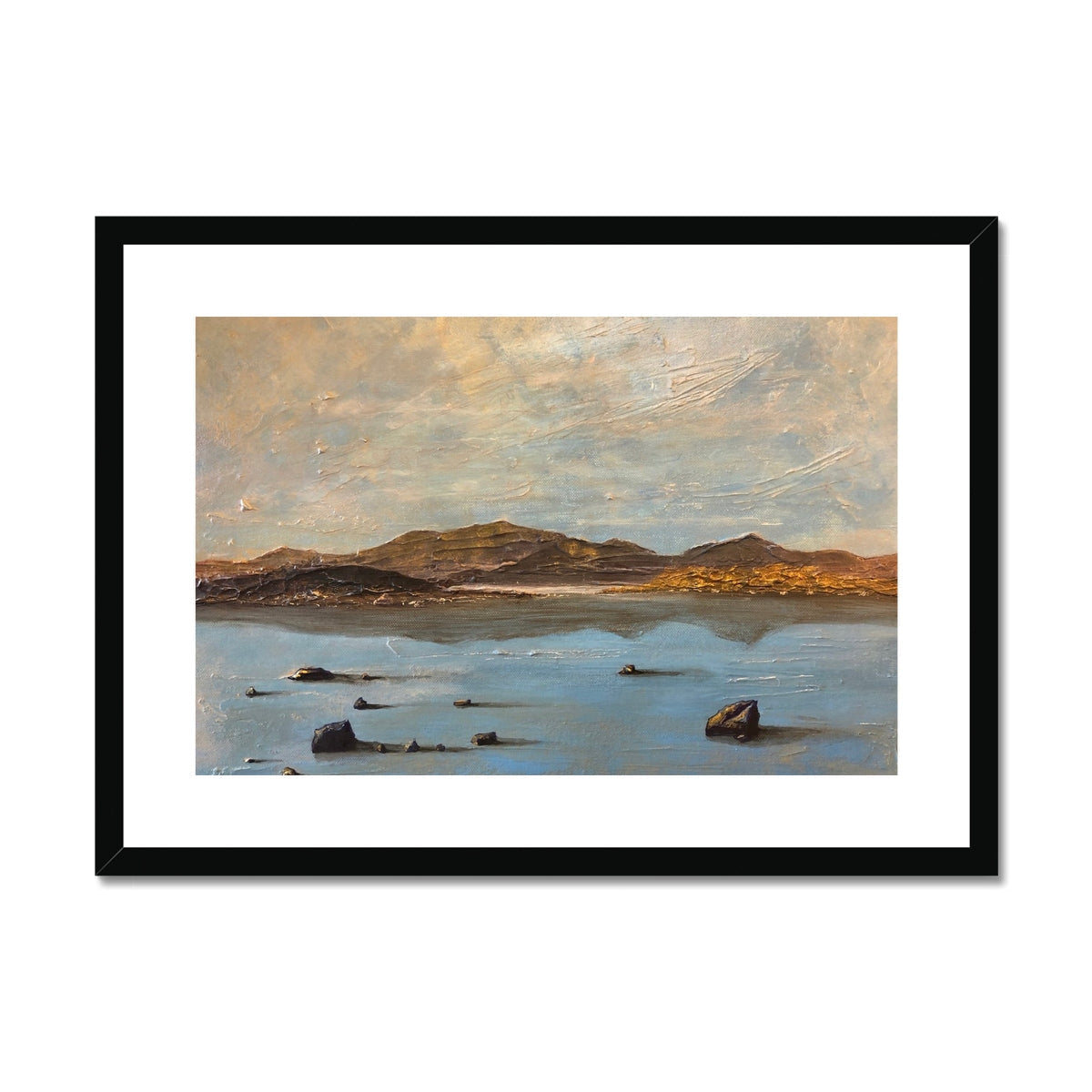 Black-framed Loch Druidibeg landscape print with serene water and mountains