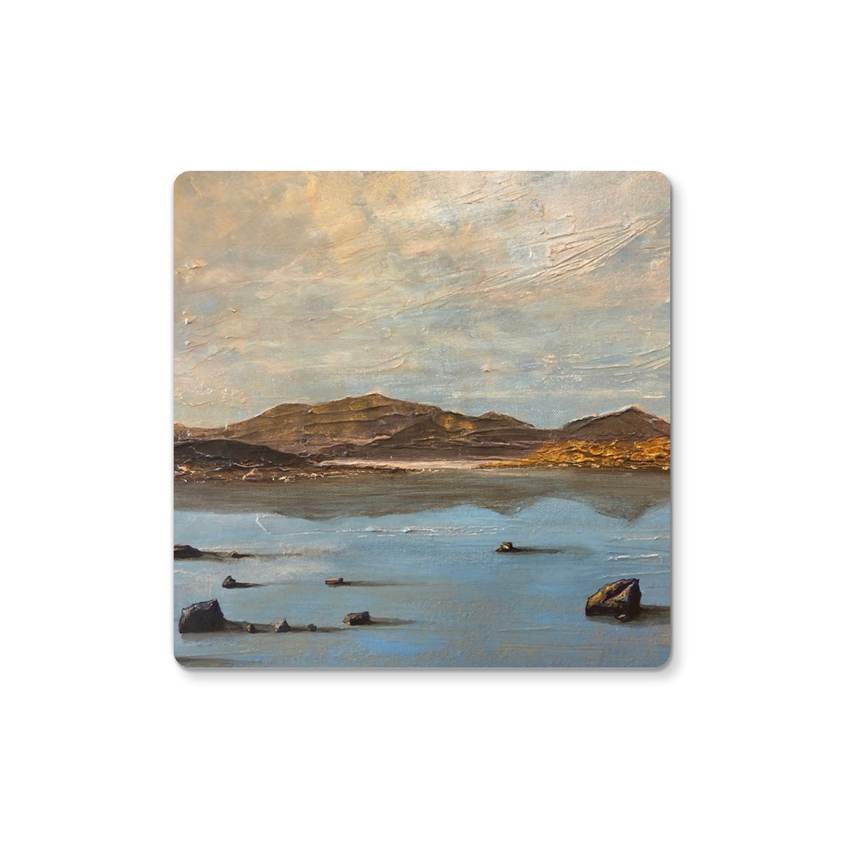 Loch Druidibeg ceramic square coaster with muted earth tone landscape design