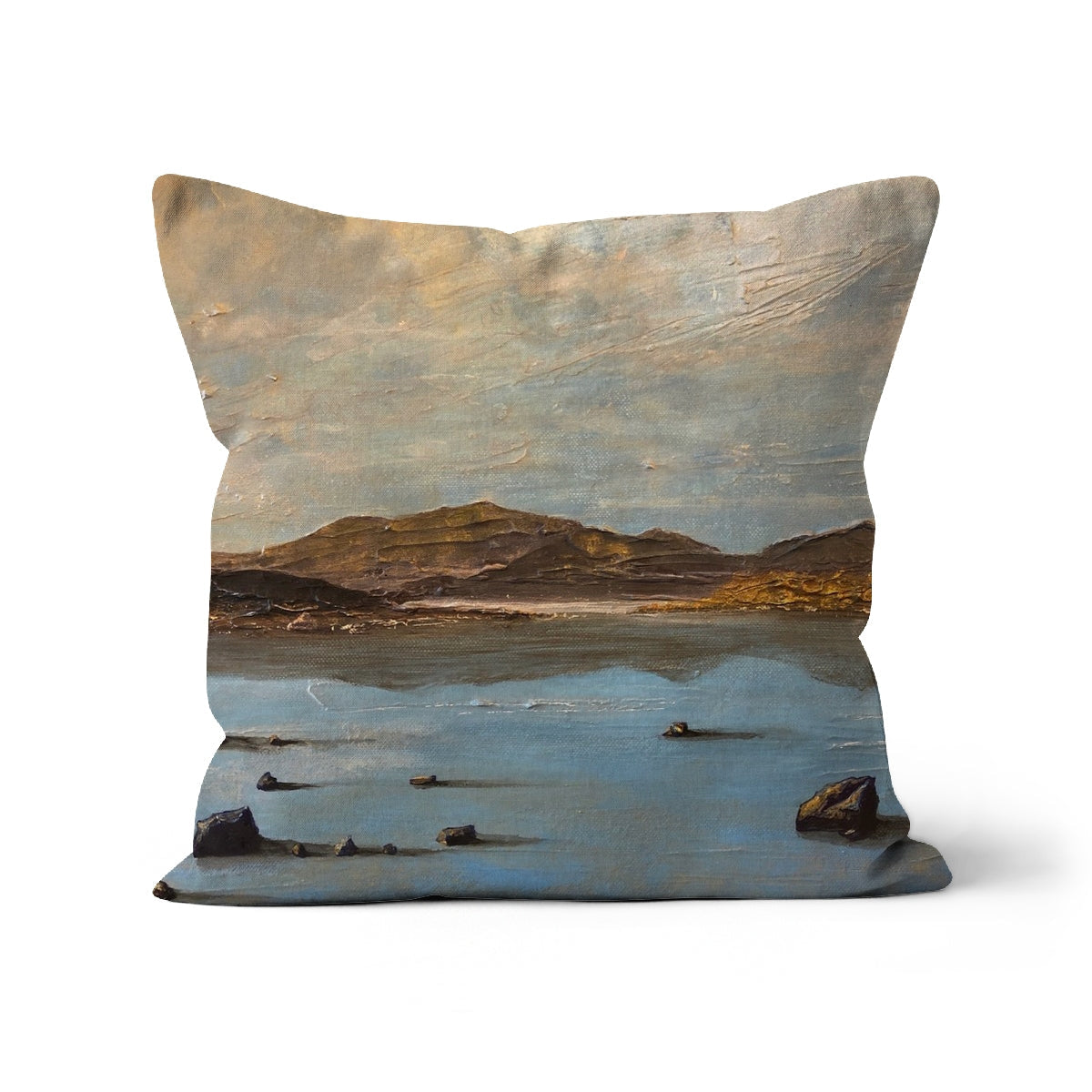 Loch Druidibeg 20x20 inch cotton cushion with serene mountain landscape