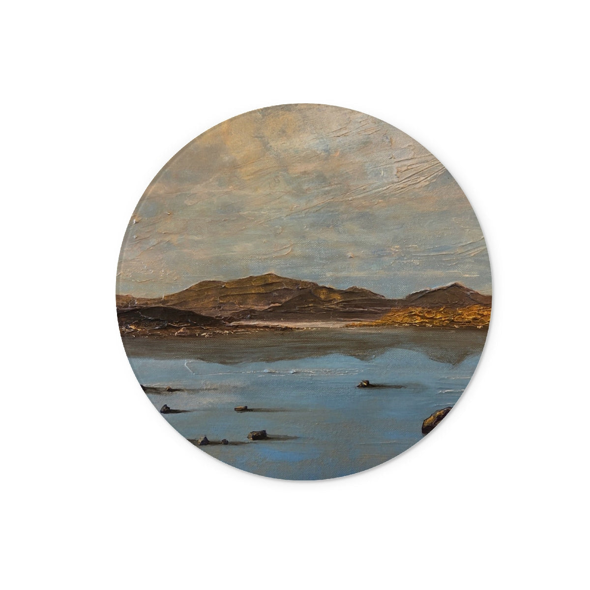Loch Druidibeg round wooden coaster with landscape design