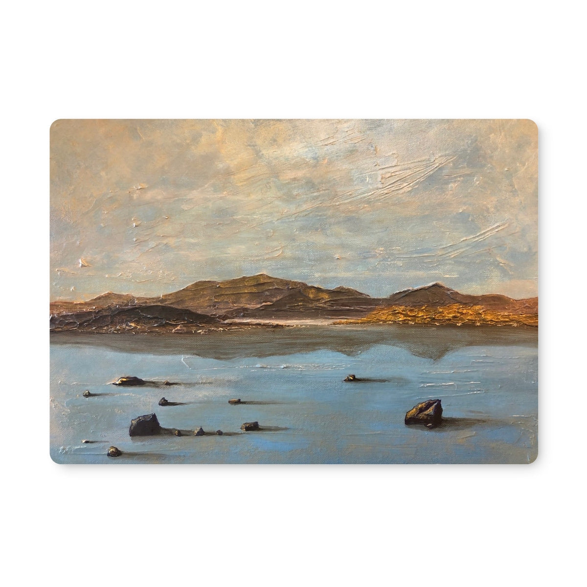 Blue and brown Loch Druidibeg landscape placemat with mountains and rocks