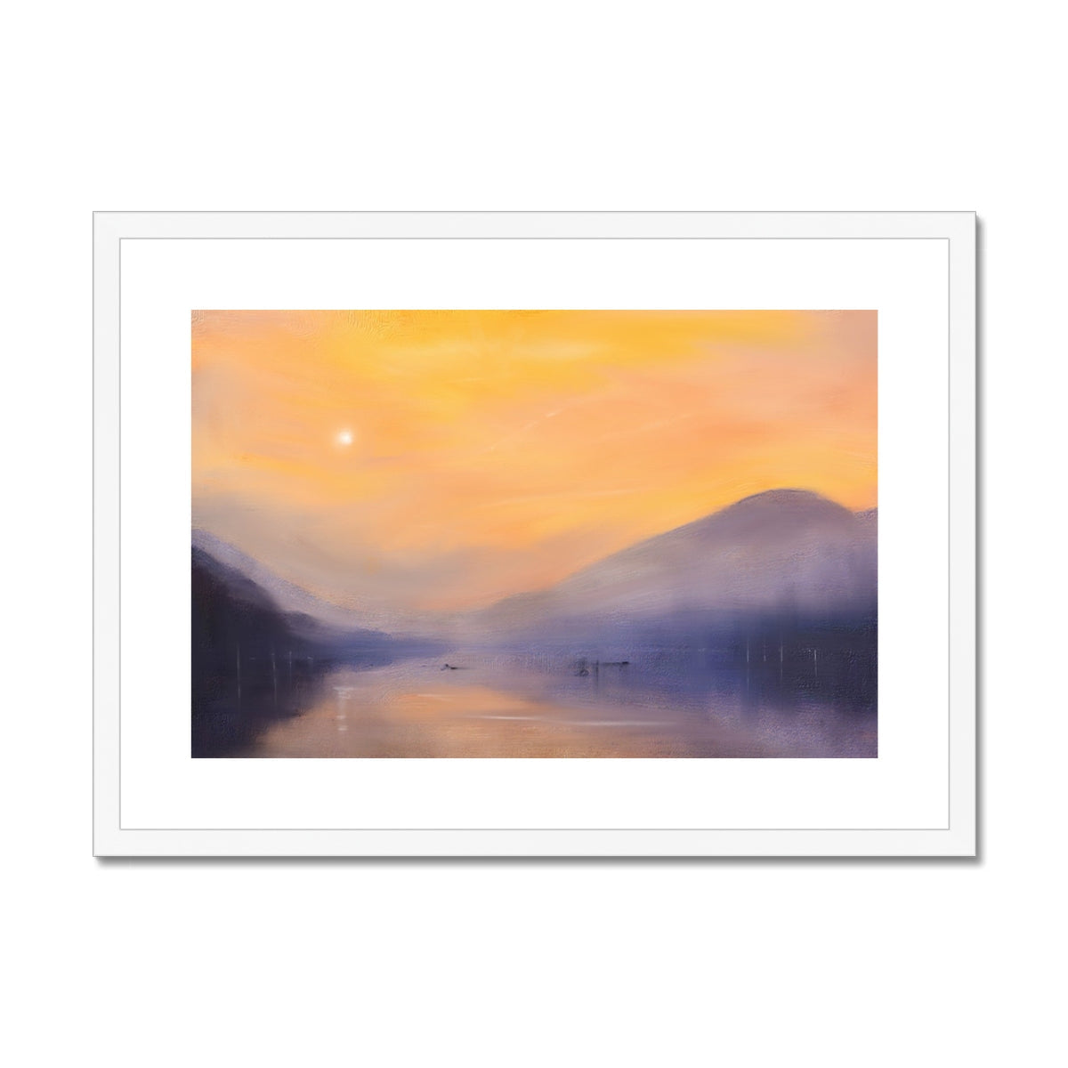 White framed canvas print of Loch Eck dawn sunset over mountains
