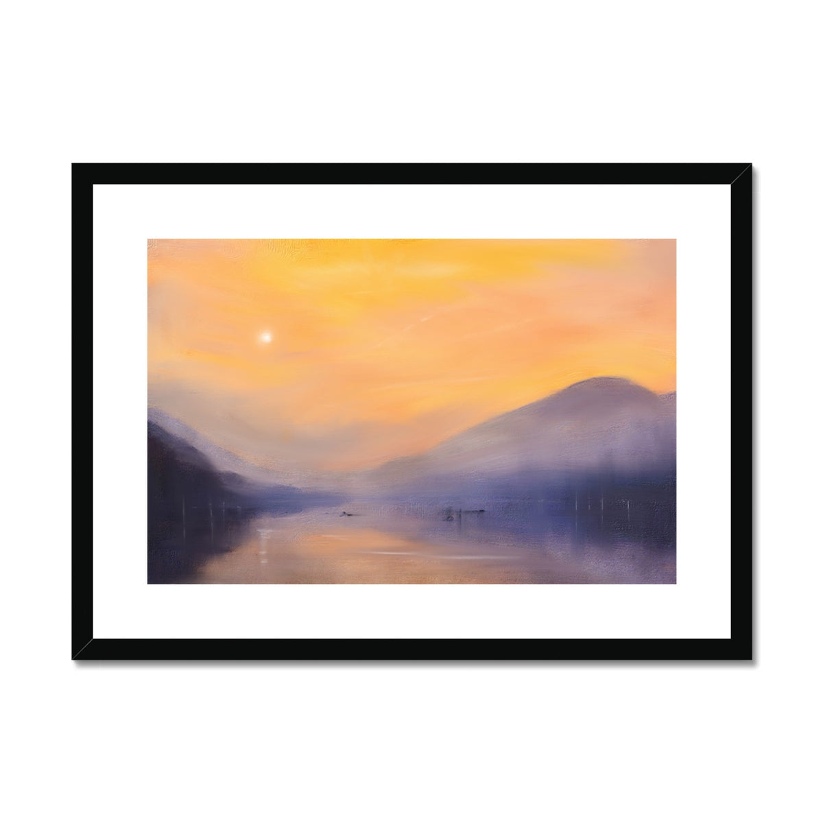 Black-framed Loch Eck Dawn canvas print of serene misty mountain sunset