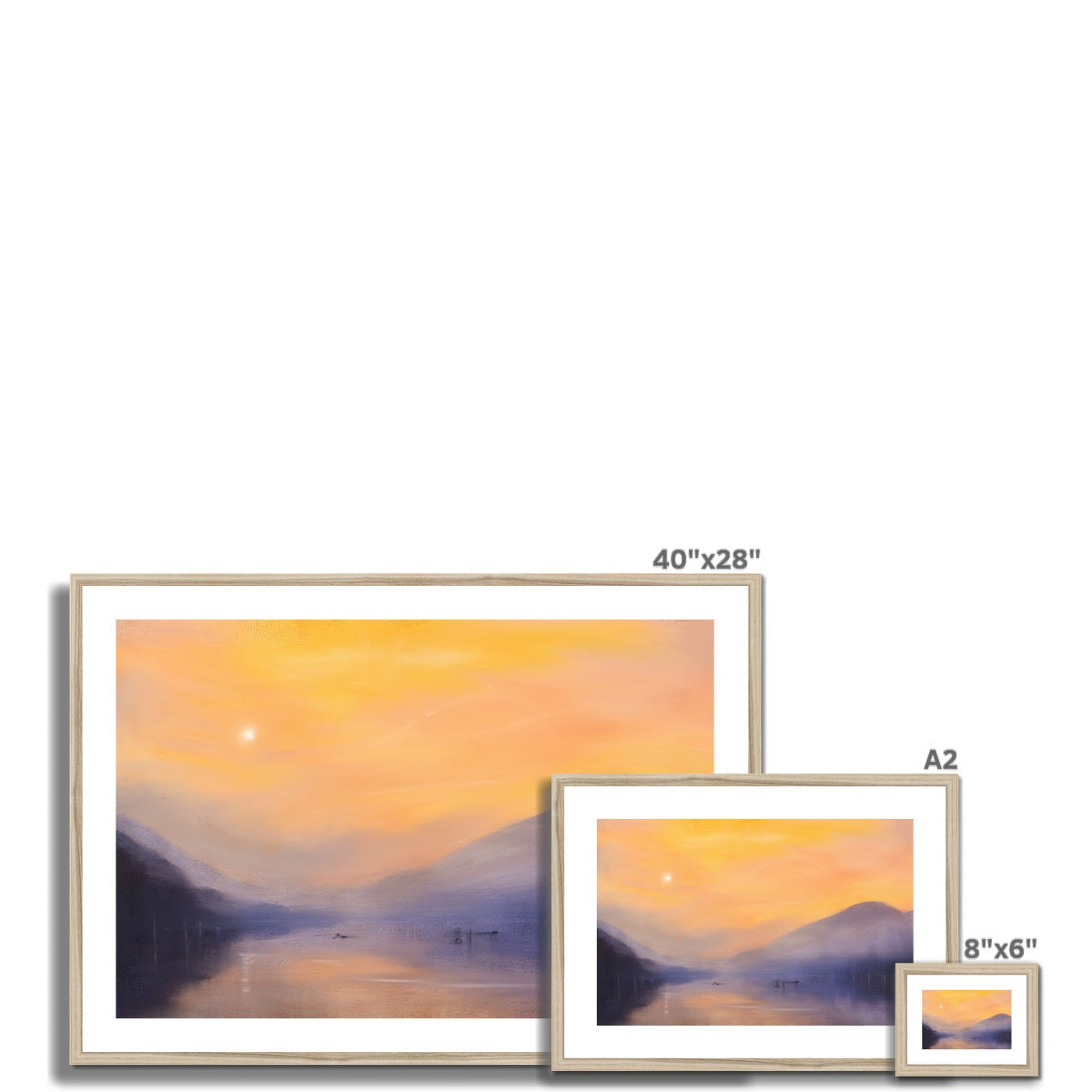 40x28 inch gold-framed Loch Eck Dawn art print of serene sunset over water