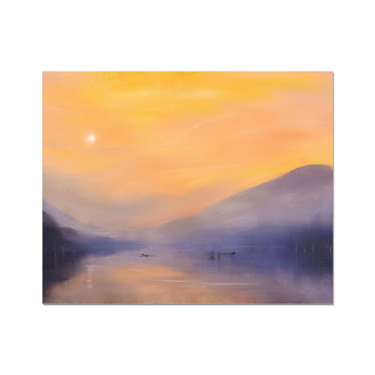 Yellow orange sunset landscape painting with Loch Eck mountains