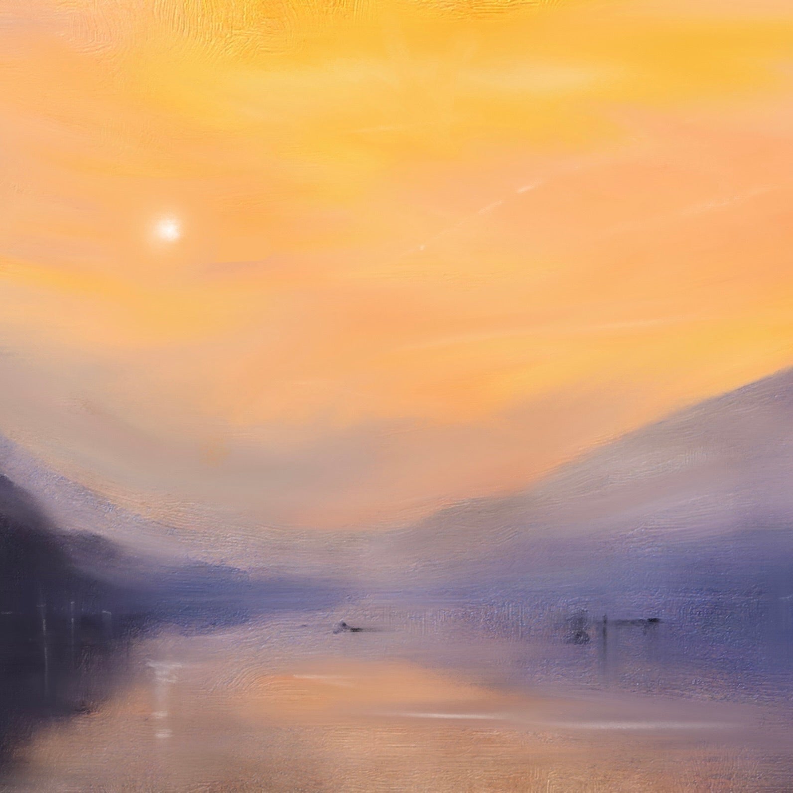Serene sunset landscape painting of Loch Eck with mountains and a lake in Scotland