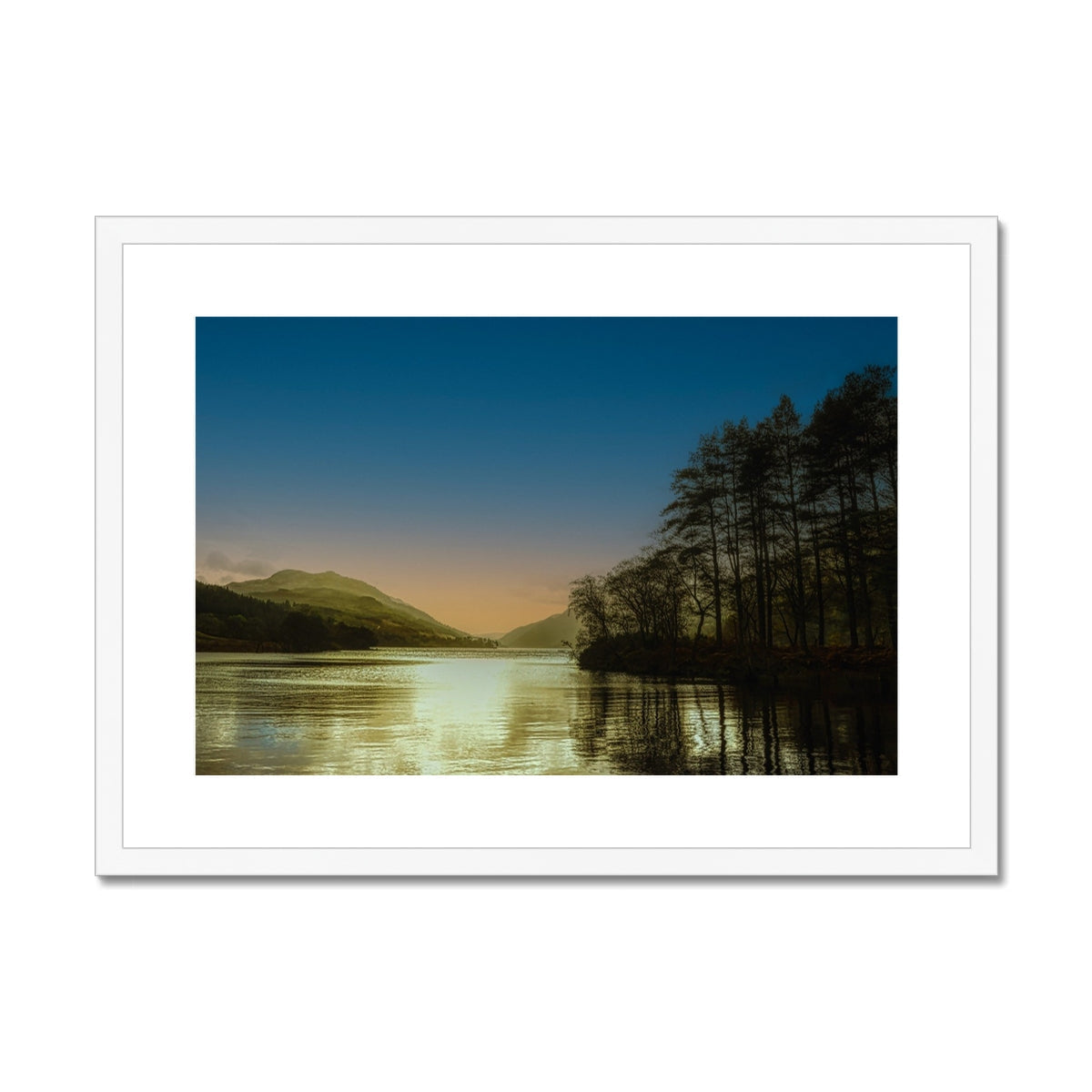White framed Loch Eck golden dusk lake and mountain canvas print