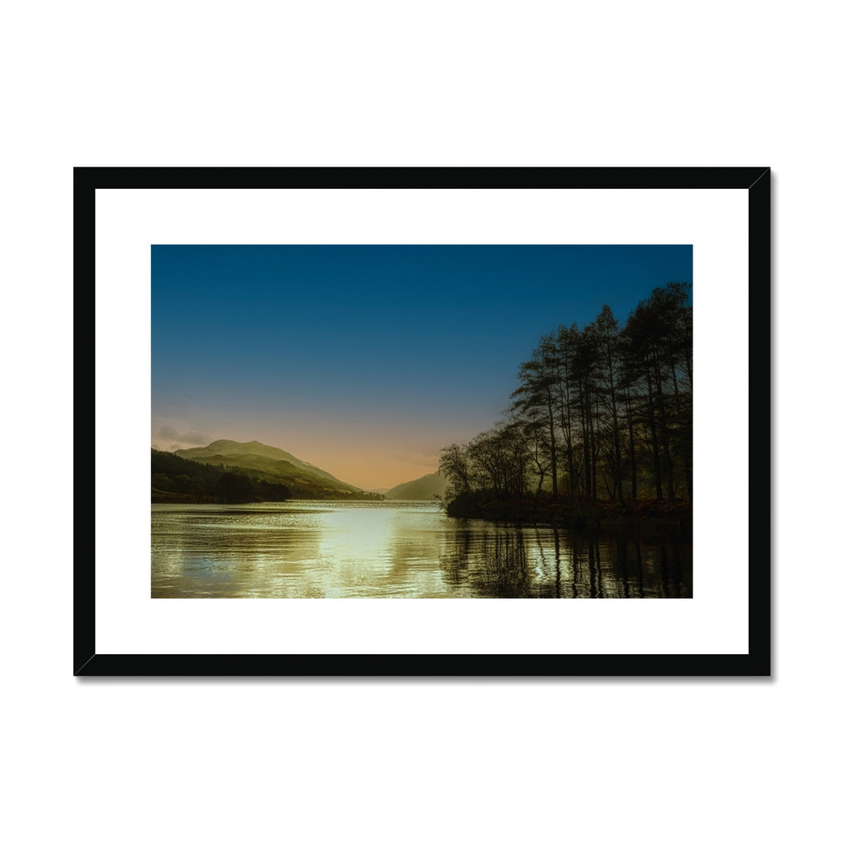 Black-framed Loch Eck Golden Dusk serene lake and mountain print