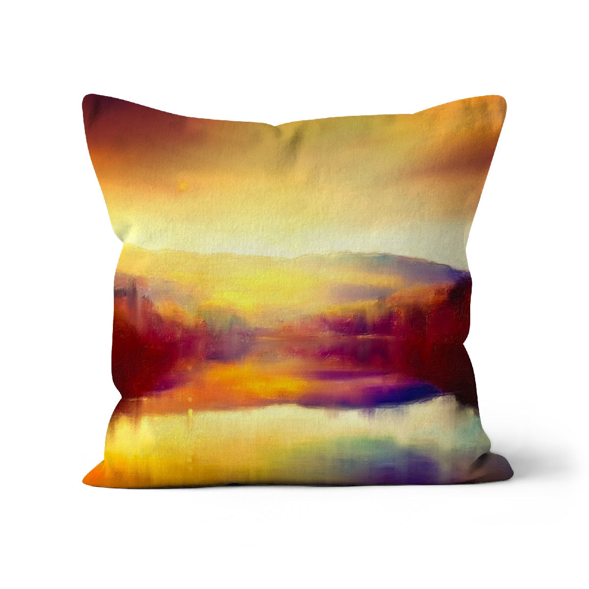 Colorful abstract Loch Faskally Dusk Cushion with vibrant hues and smooth fabric