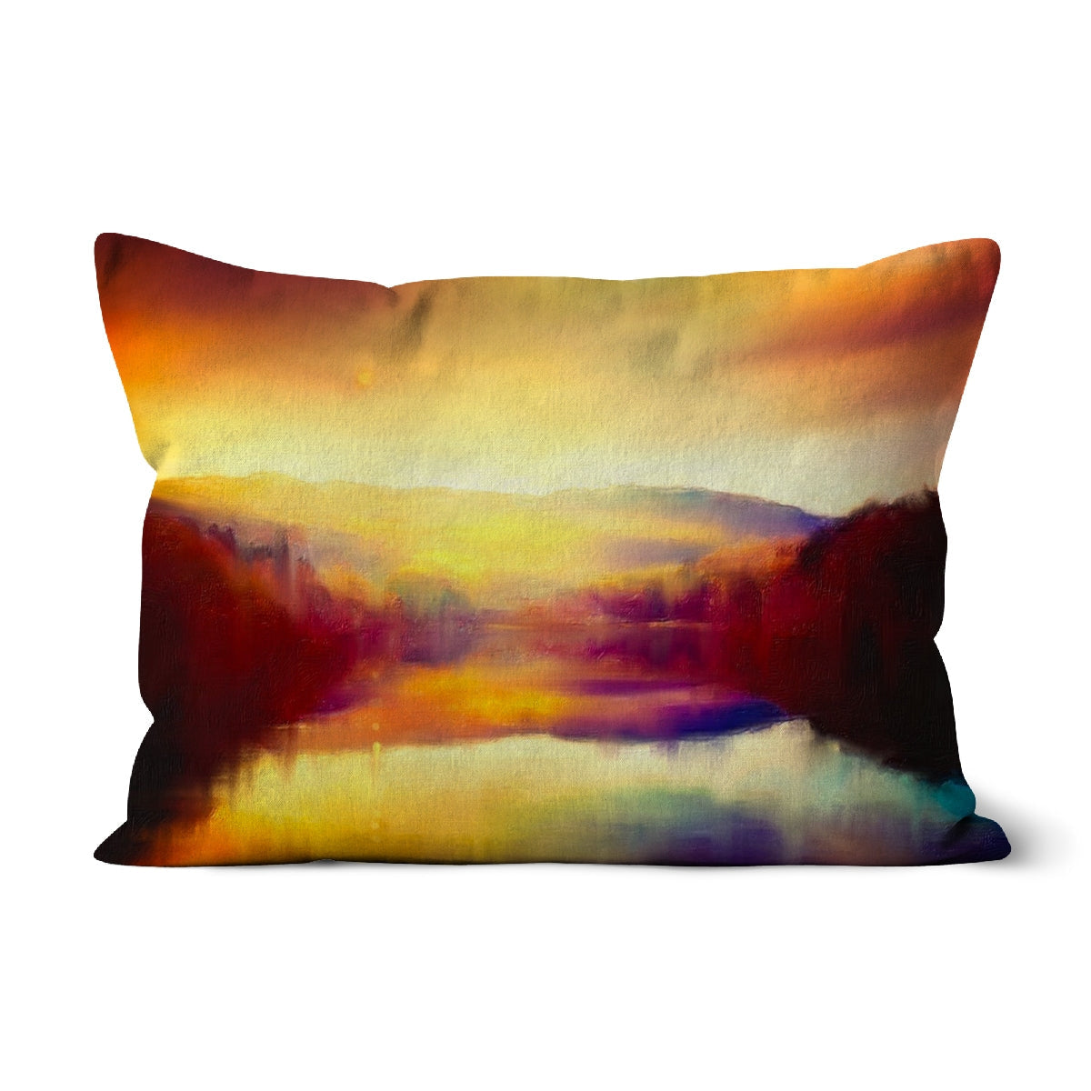 Abstract sunset-themed Loch Faskally Dusk Cushion with vibrant orange yellow and red hues