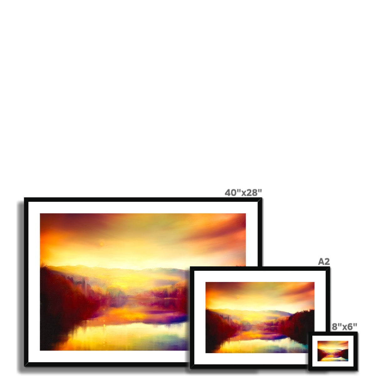 Loch Faskally Dusk framed abstract landscape print with vibrant orange yellow purple hues
