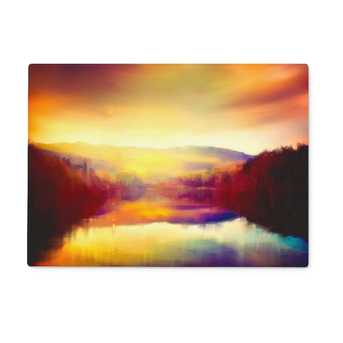 Colorful abstract landscape wall art with vibrant hues displayed on Loch Faskally Dusk Glass Chopping Board