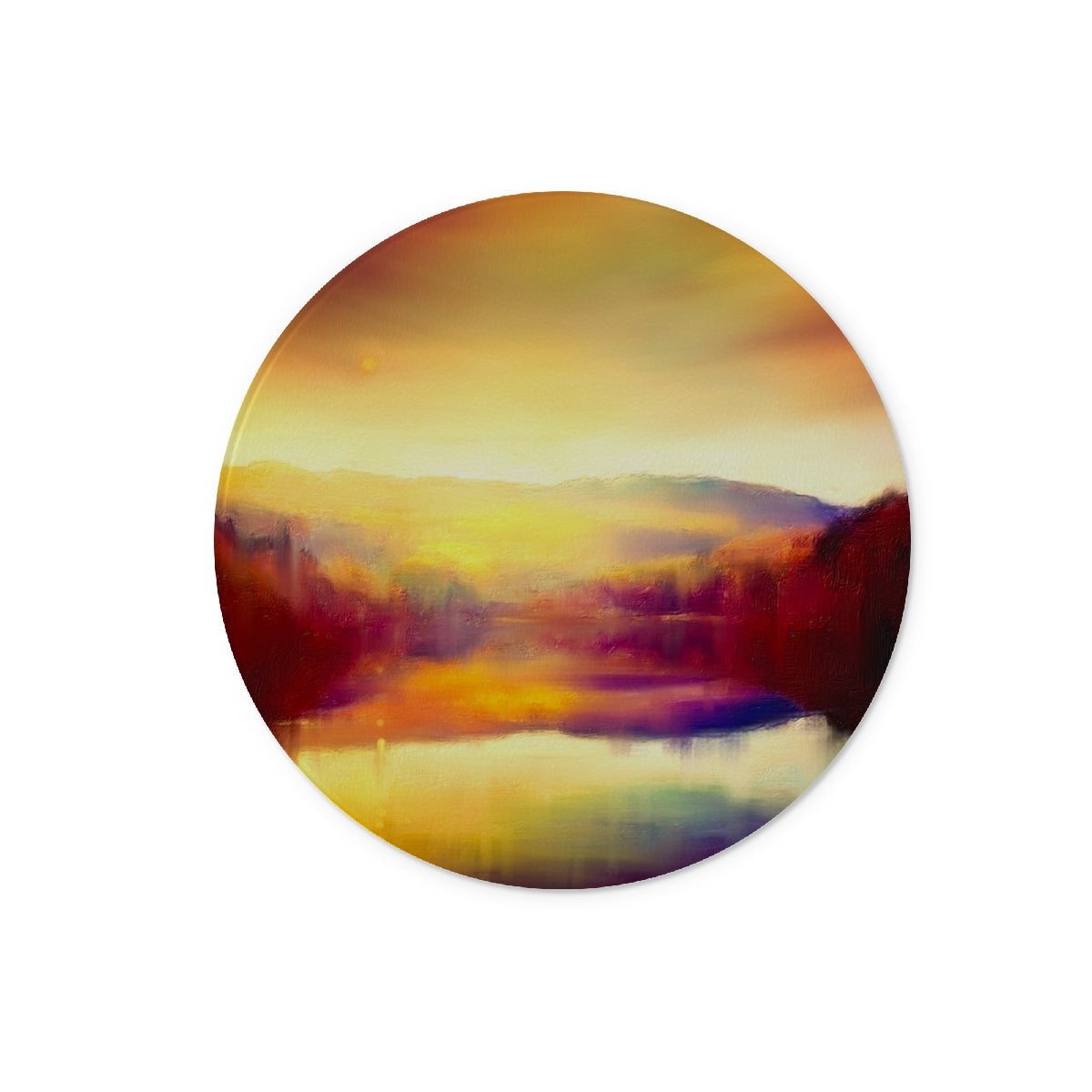 Round abstract painting coaster with vibrant sunset hues and textured finish for Loch Faskally Dusk Glass Chopping Board