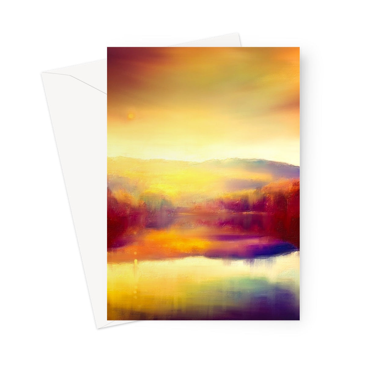 Abstract sunset greeting card with vibrant orange, yellow, and purple hues on white background