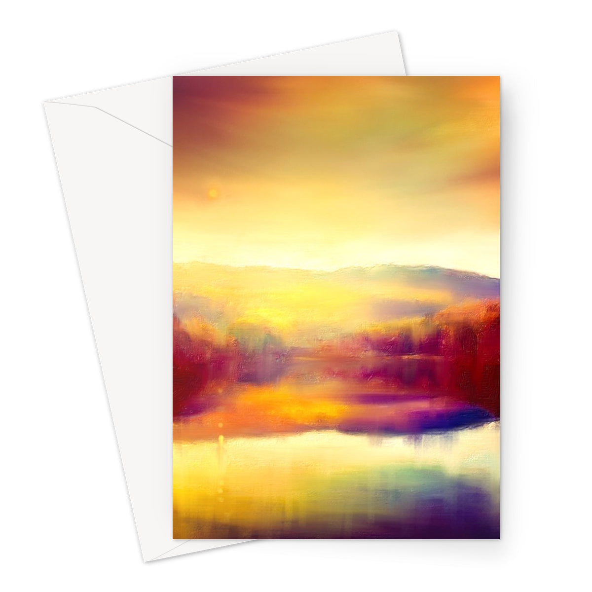 Abstract sunset-themed Loch Faskally Dusk Greeting Card with vibrant orange, yellow, and purple hues