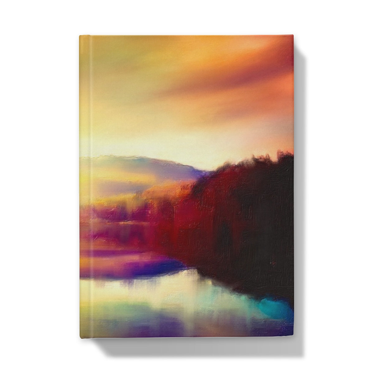 Loch Faskally Dusk Hardback Journal with sunset landscape canvas art featuring vibrant oranges and yellows and tree silhouettes