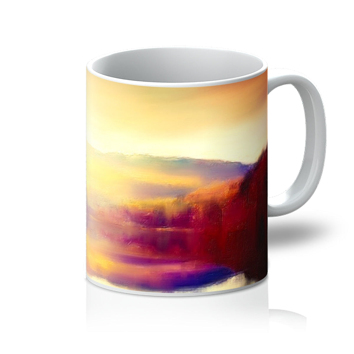 Ceramic Loch Faskally Dusk Mug with abstract landscape design in warm yellow and orange hues