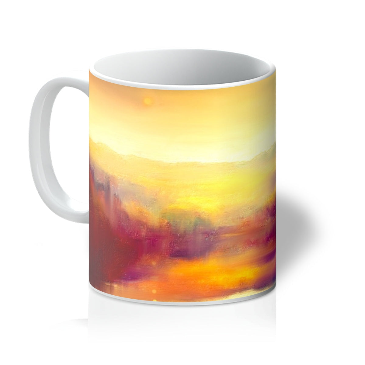 Ceramic Loch Faskally Dusk Mug with abstract sunset design in warm orange and yellow hues