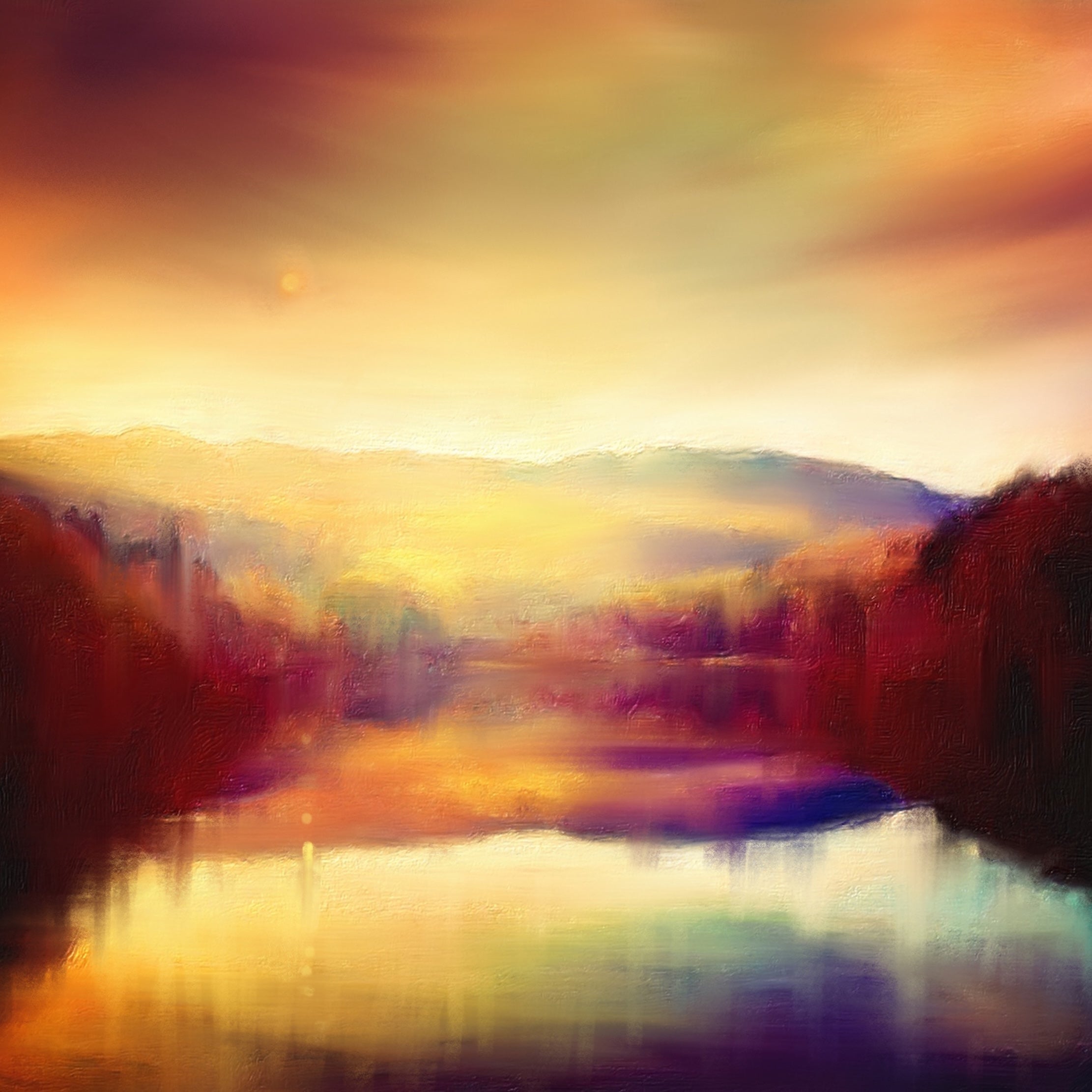 Vibrant impressionist landscape painting of a serene river and mountains at sunset in Scotland
