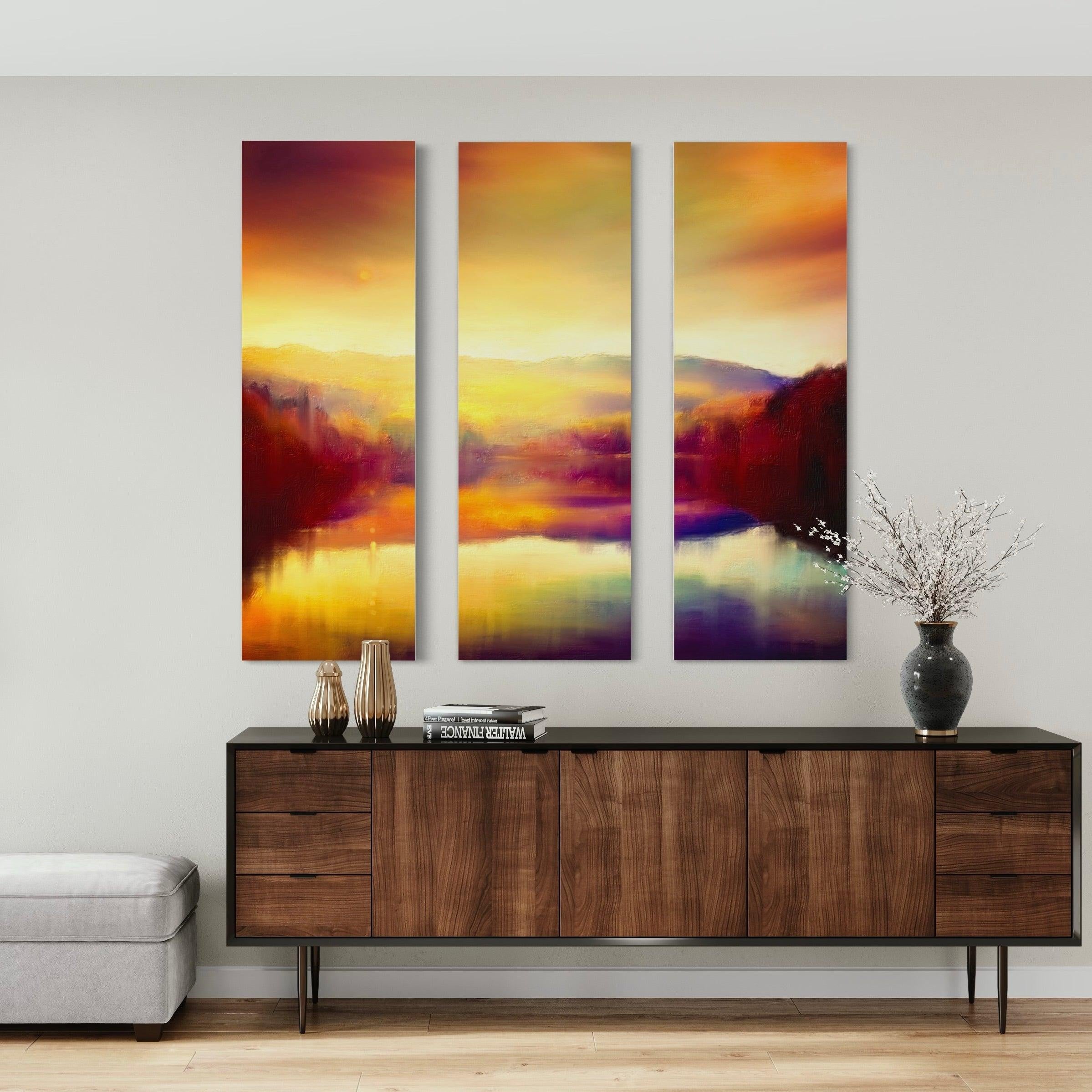Three-panel abstract landscape artwork from Loch Faskally Dusk Triptych Scotland