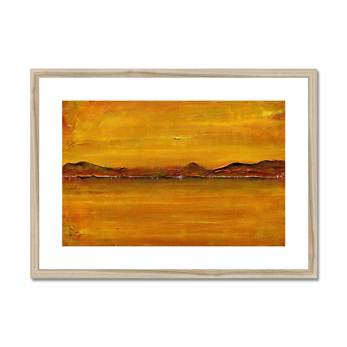 Loch Fyne Dawn abstract art print: yellow orange landscape with brown mountains