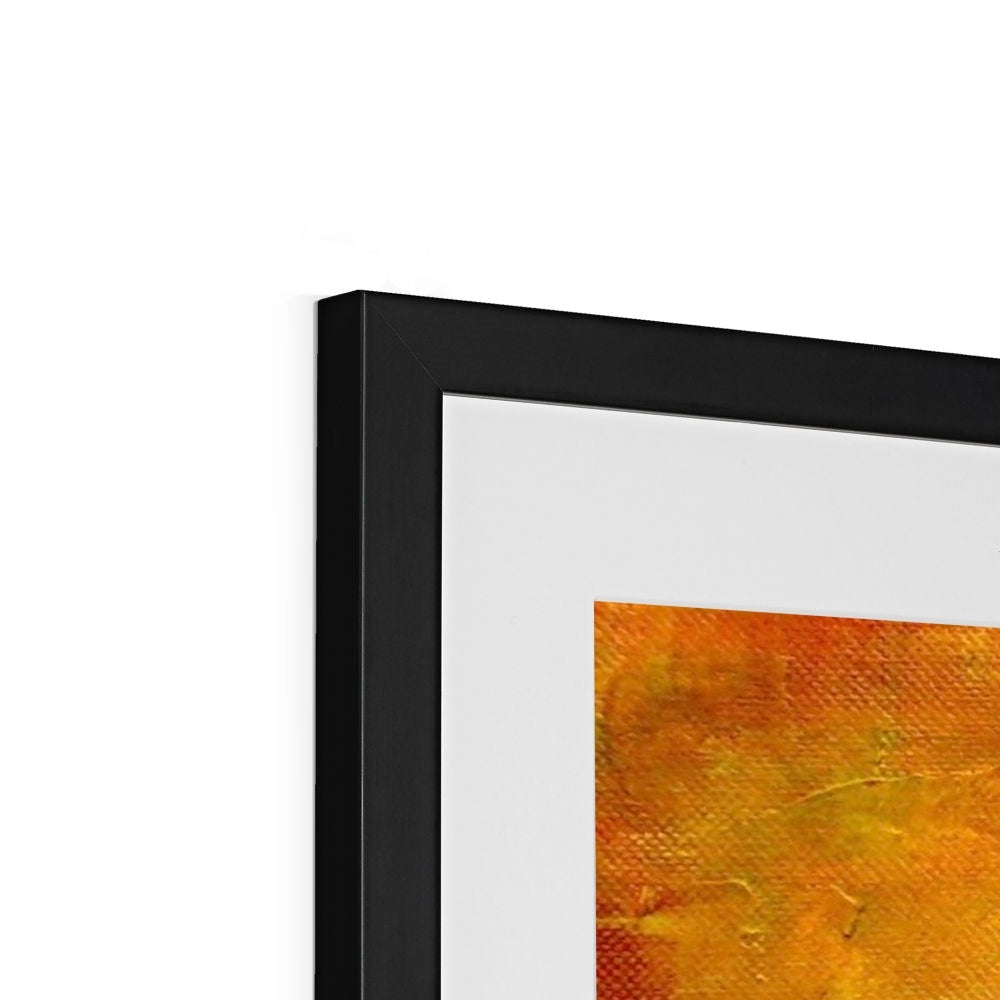 Loch Fyne Dawn art print in black frame with orange abstract painting