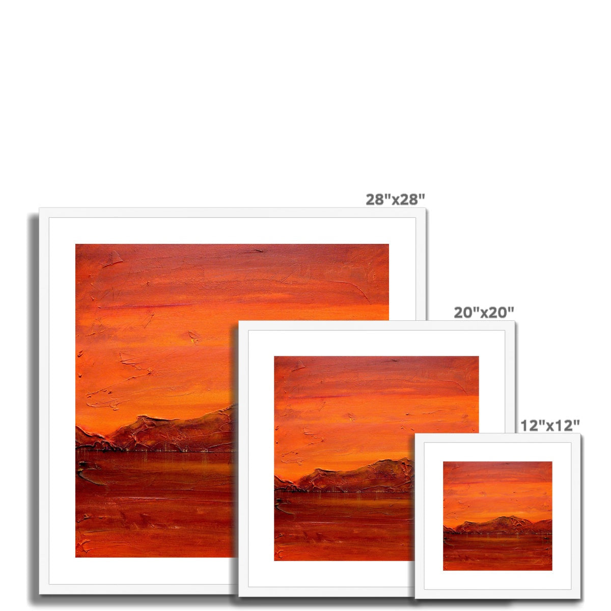 28x28 Loch Fyne Dusk framed sunset print in orange red hues