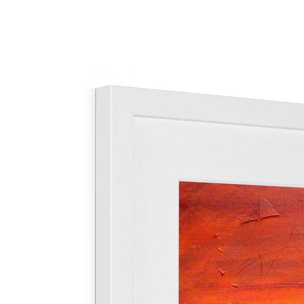 Loch Fyne Dusk abstract art print in white frame with orange red geometric hues